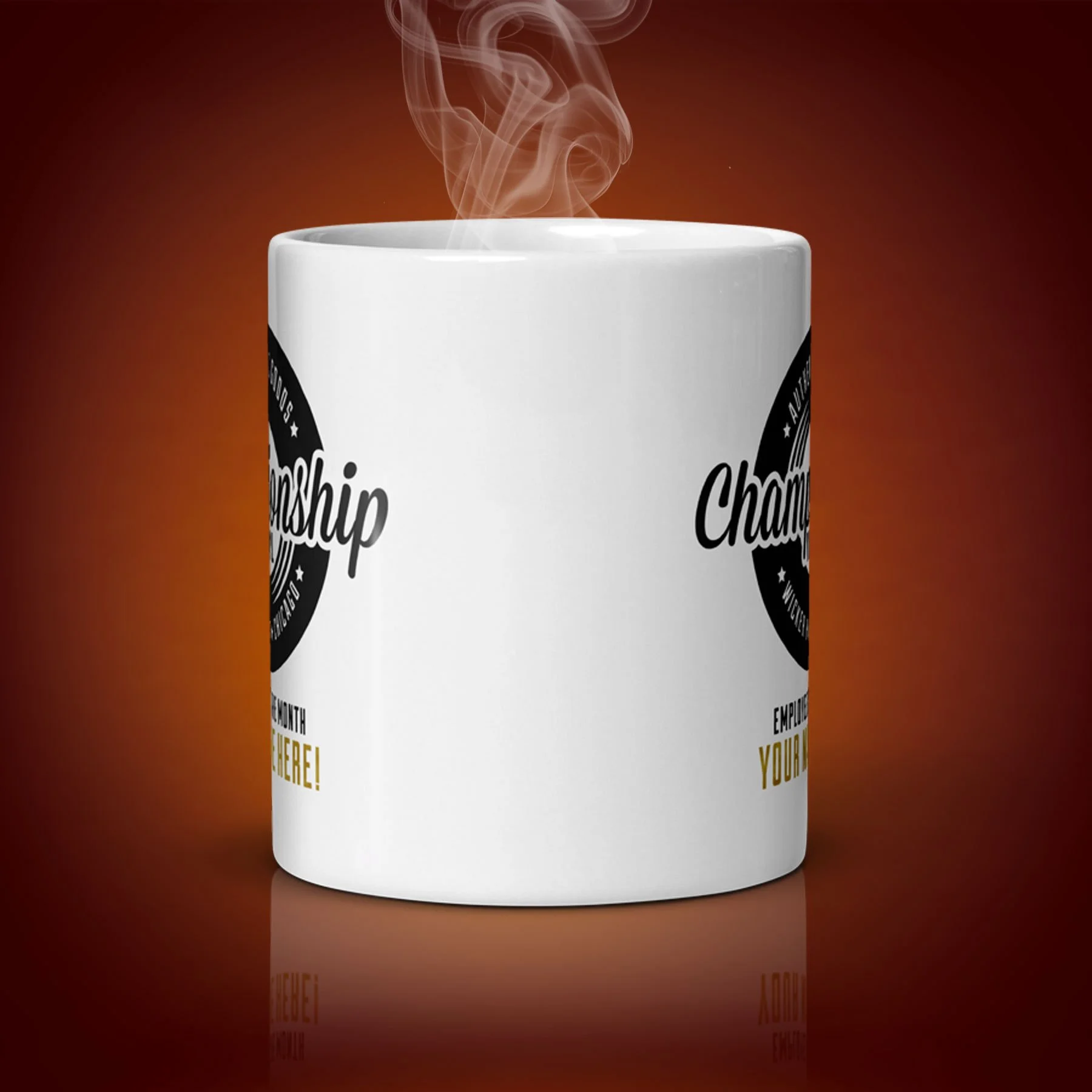 An 11-oz personalized Championship Vinyl mug displays the center side. The artwork on our mug is inspired by the movie "High Fidelity". It is available for $21.99 with free shipping.