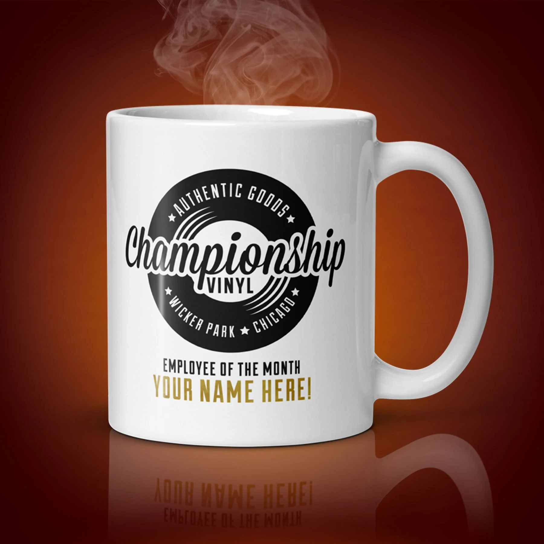 An 11-oz personalized Championship Vinyl mug displays the left side. The artwork on our mug is inspired by the movie "High Fidelity". It is available for $21.99 with free shipping.