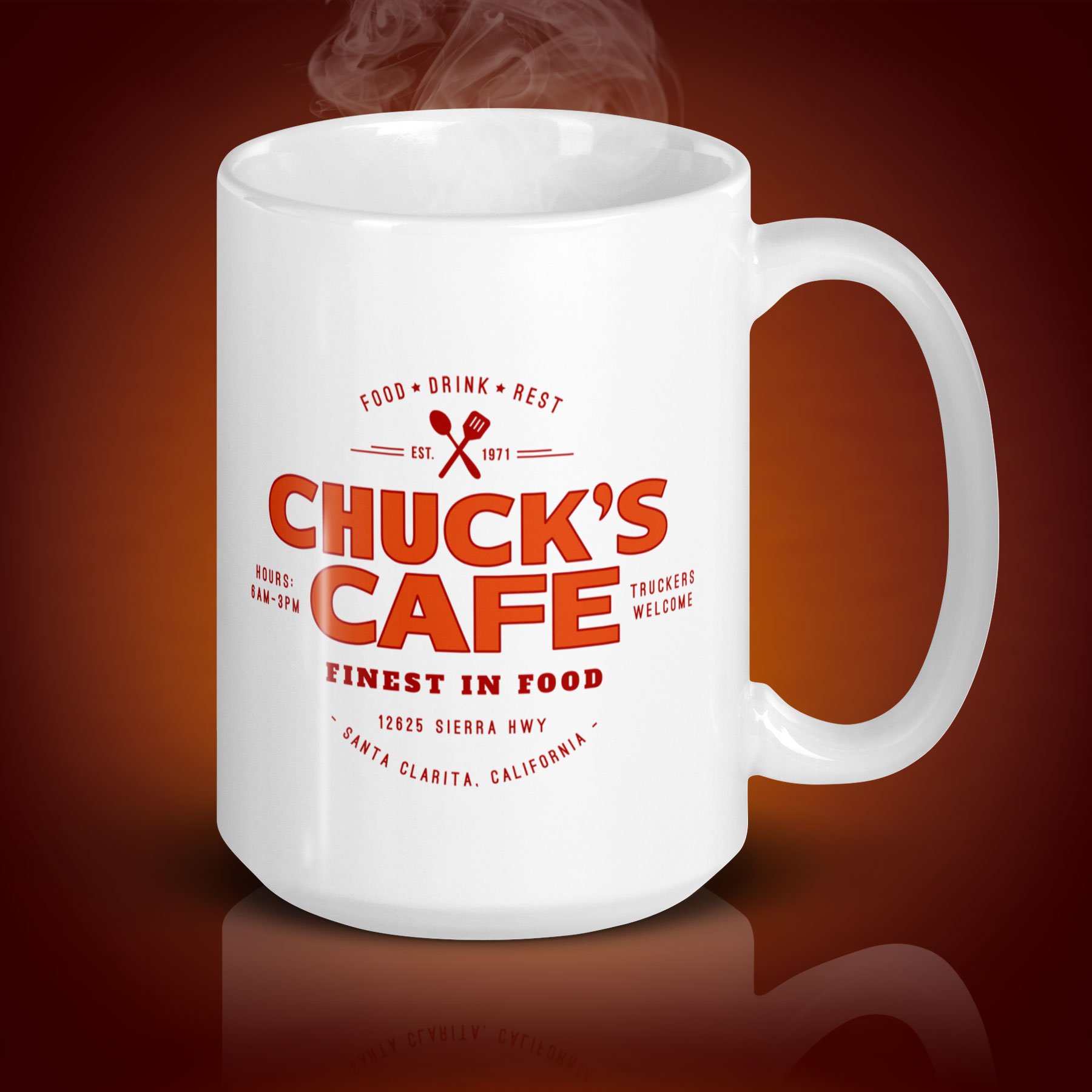 An 15-oz Chuck's Cafe mug displays the left side. The artwork on our mug is inspired by the movie "Duel". It is available for $21.99 with free shipping.