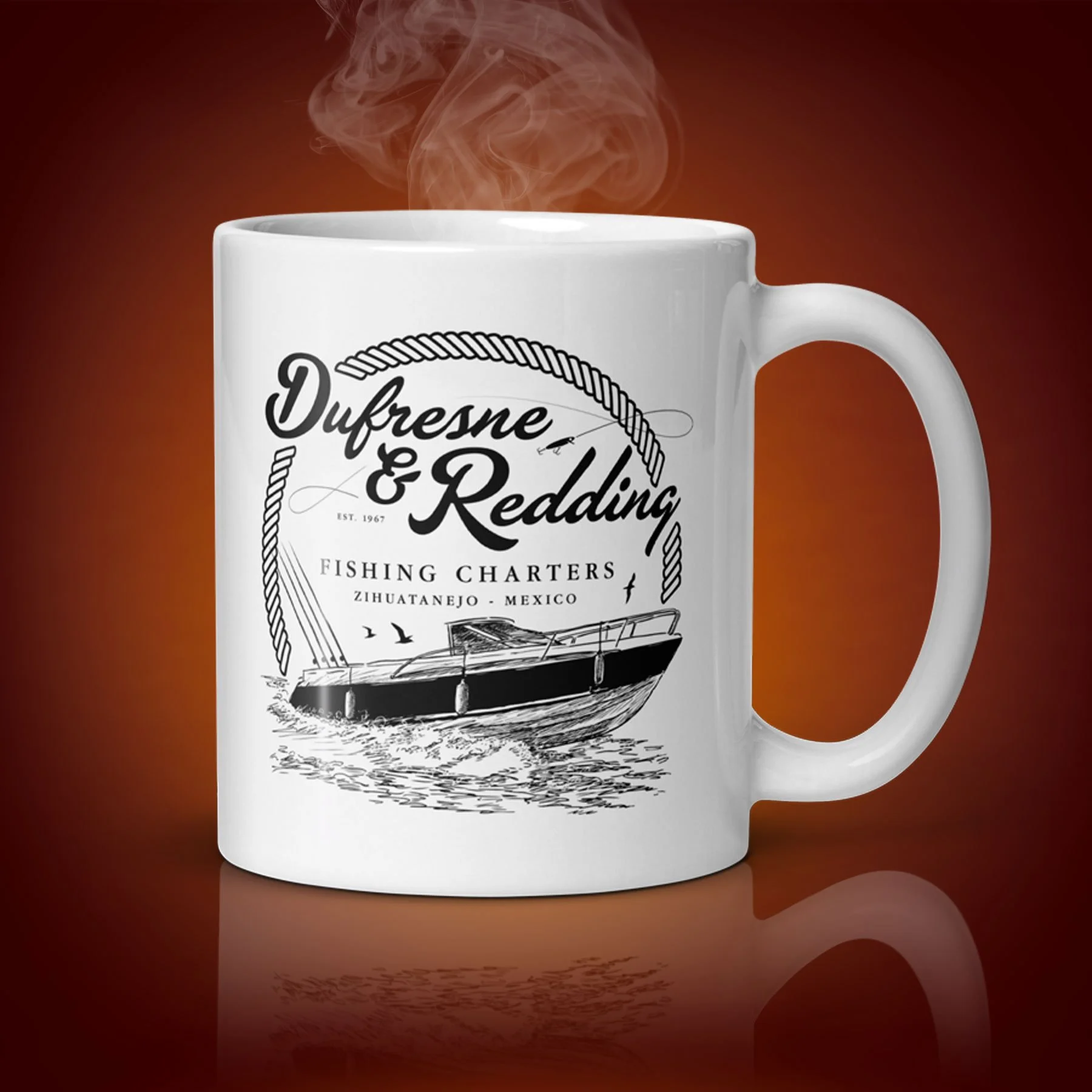 An 11-oz Dufresne & Redding mug displays the left side. The artwork on our mug is inspired by the movie "The Shawshank Redemption". It is available for $21.99 with free shipping.