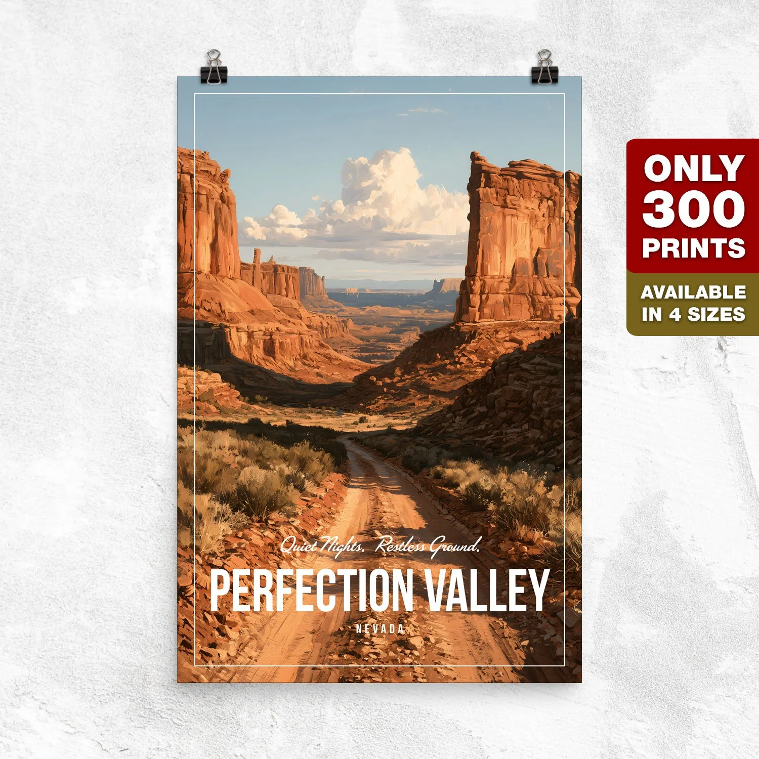 A poster of Perfection Valley is hanging on the wall without a frame. The artwork on our poster is inspired by the movie "Tremors". Available in sizes 12x18-inch, 20x30-inch, and 24x36-inch.