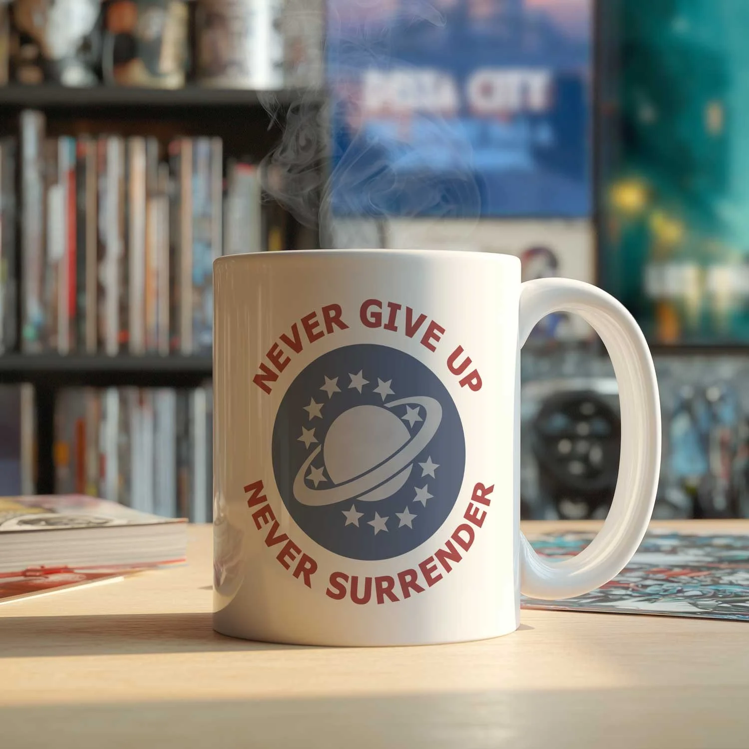 A National Space Exploration Administration Mug is displayed on a table, filled with coffee.