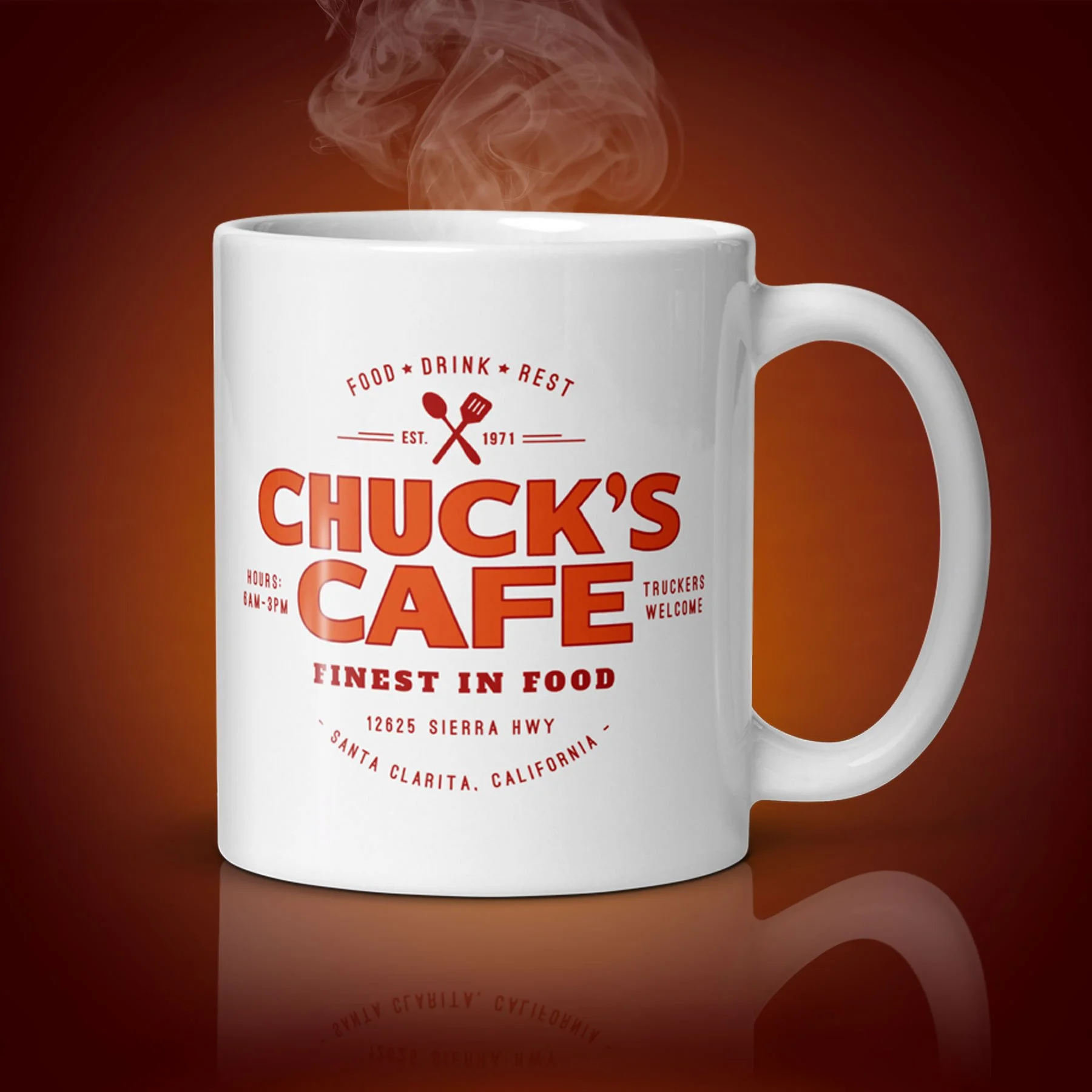 An 11-oz Chuck's Cafe mug displays the left side. The artwork on our mug is inspired by the movie "Duel". It is available for $21.99 with free shipping.