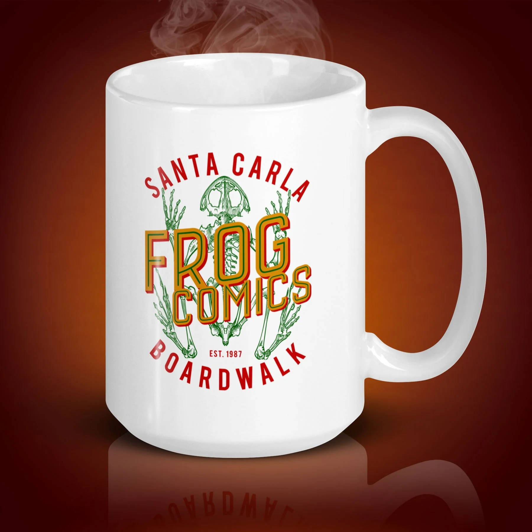 An 15-oz Frog Comics Mug displays the left side. The artwork on our mug is inspired by the movie "The Lost Boys". It is available for $24.49 with free shipping.