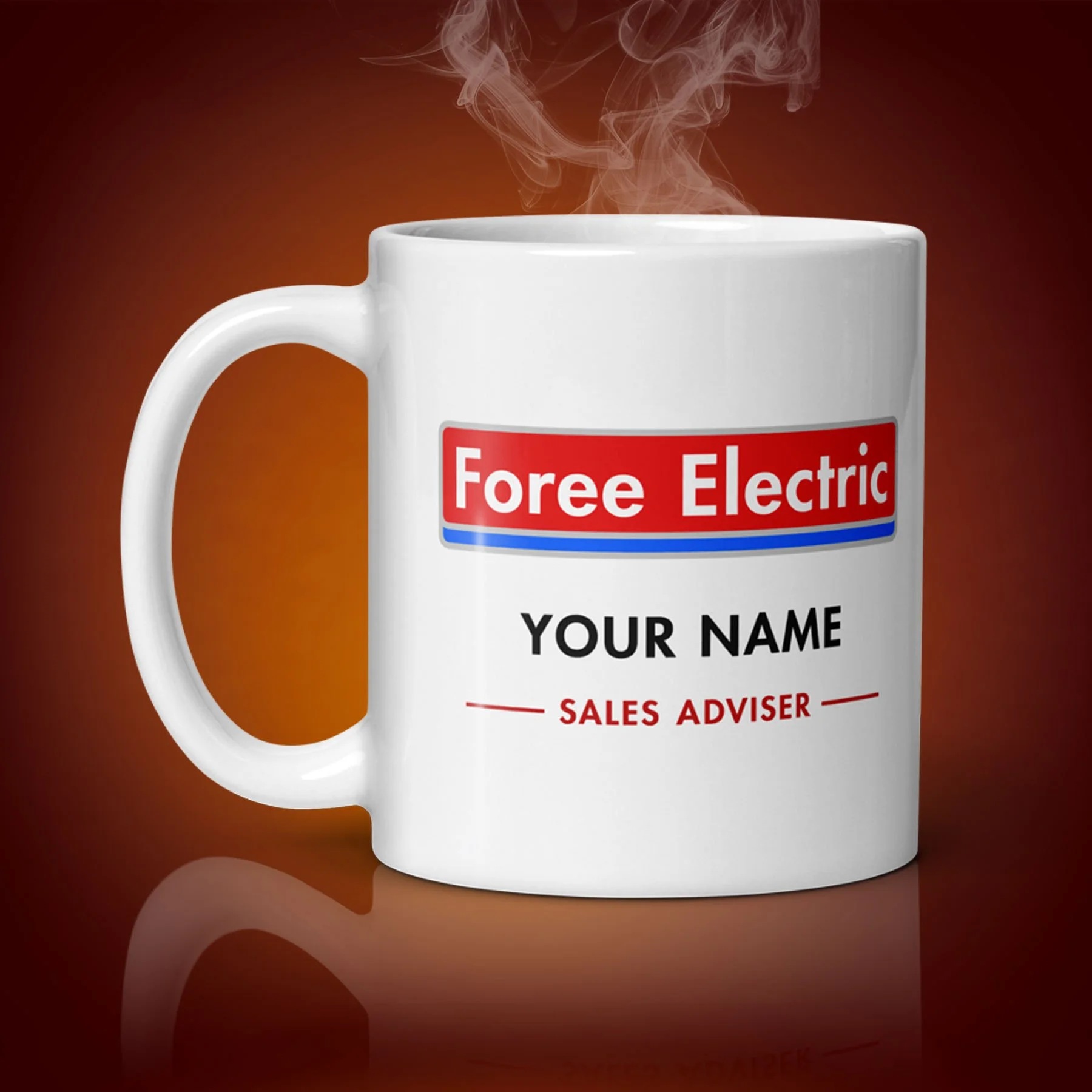 An 11-oz personalized Foree Electric Mug displays the right side. The artwork on our mug is inspired by the movie "Shaun of the Dead". It is available for $24.99 with free shipping.