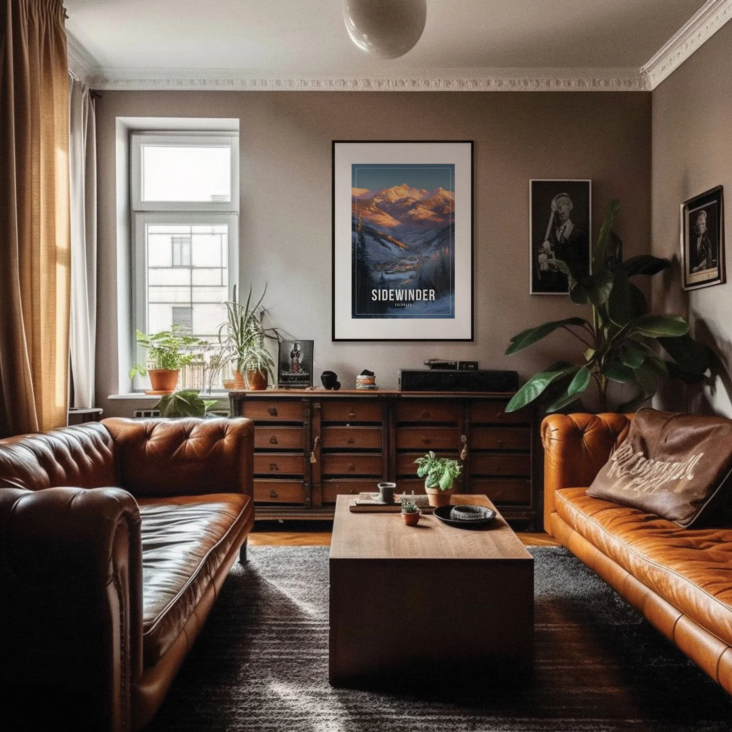 Photo of a cozy living room with an A0 frame holding a 24x36 inches Sidewinder Colorado poster hanging on a wall above a couch.
