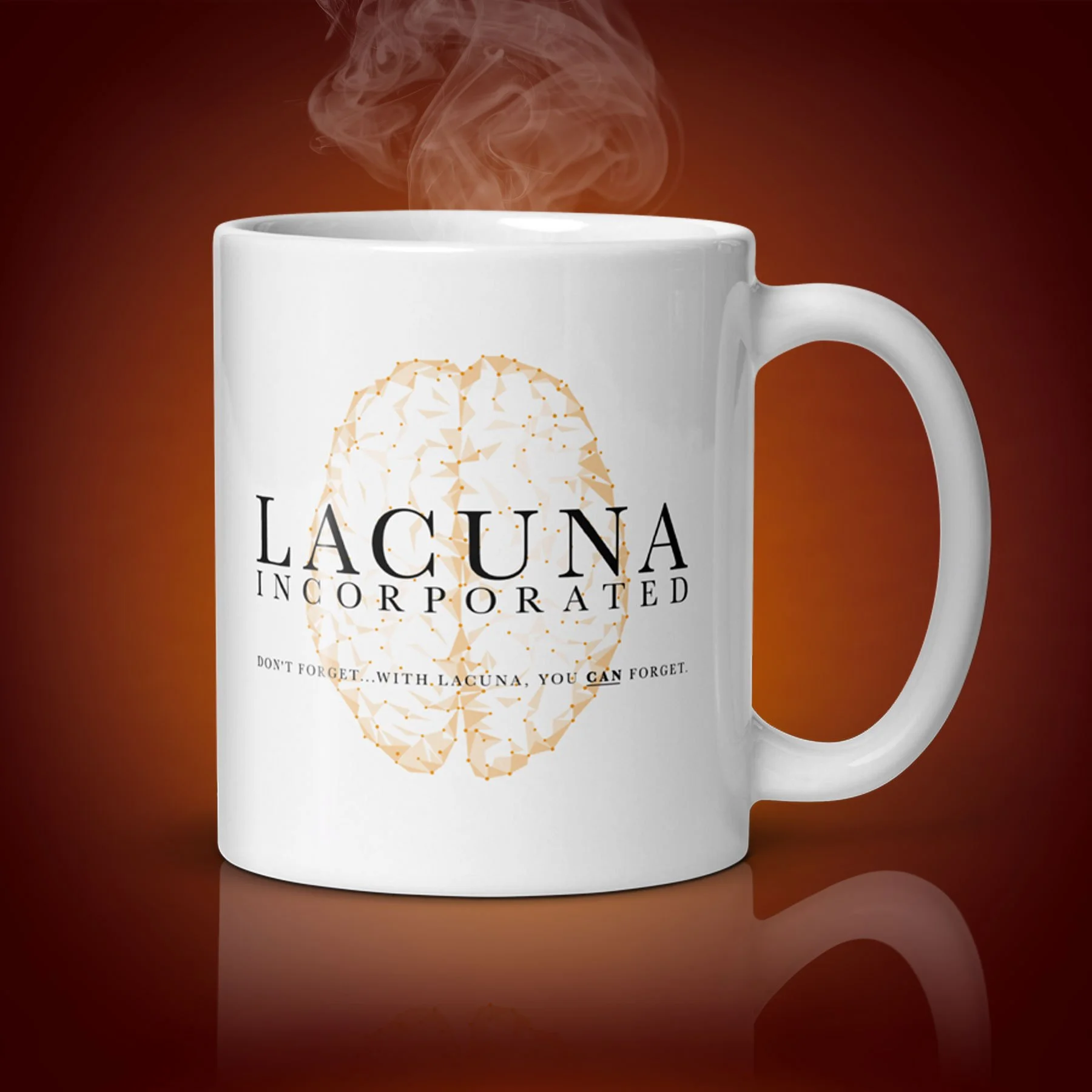 An 11-oz Lacuna Incorporated mug displays the left side. The artwork on our mug is inspired by the movie "Eternal Sunshine of the Spotless Mind". It is available for $21.99 with free shipping.