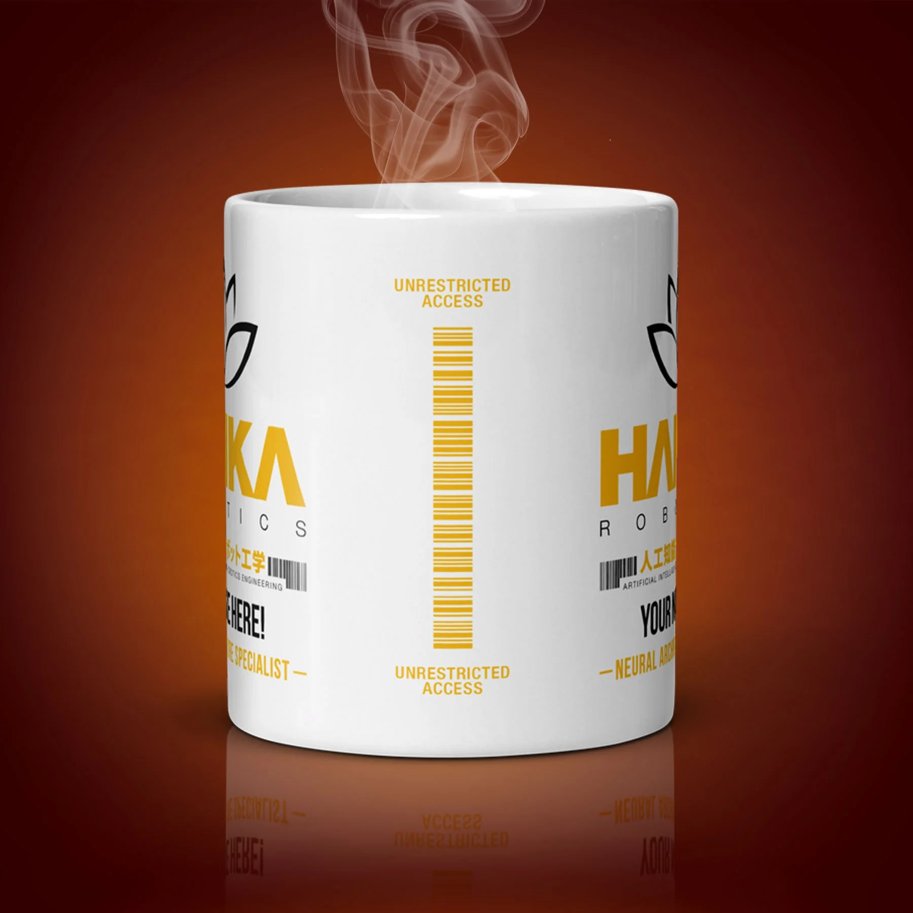 An 11-oz personalized Hanka Robotics mug displays the center side. The artwork on our mug is inspired by the movie "Ghost in the Shell". It is available for $24.99 with free shipping.