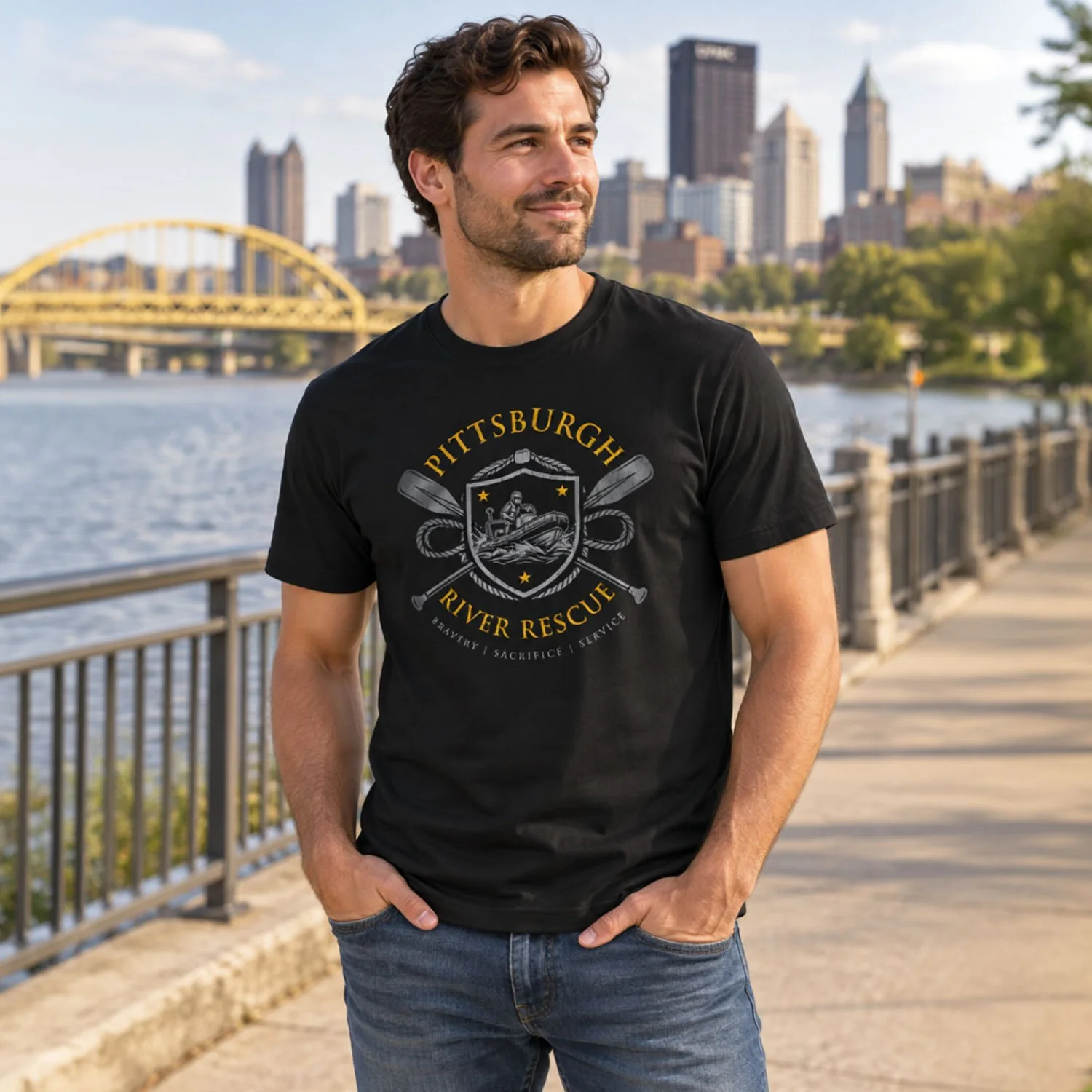 Image of a man wearing a Pittsburgh River Rescue T-shirt, with downtown Pittsburgh and the Fort Pitt Bridge in the background.