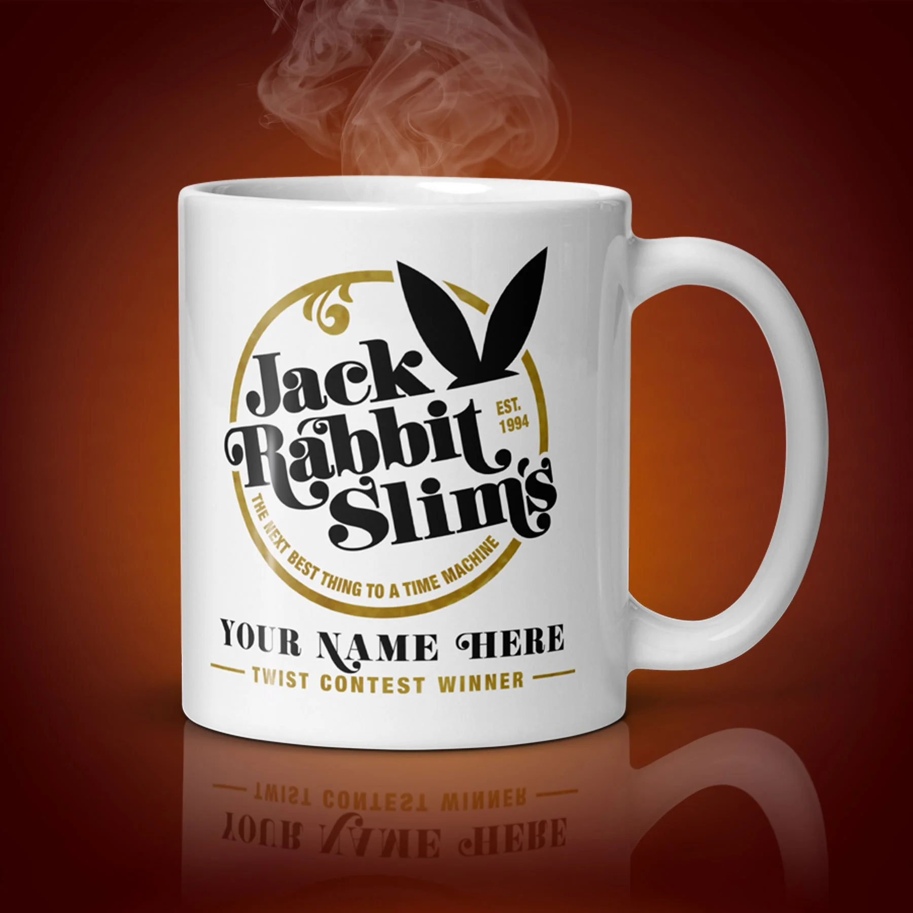 An 11-oz personalized Jack Rabbit Slim's mug displays the left side. The artwork on our mug is inspired by the movie "Pulp Fiction". It is available for $24.99 with free shipping.