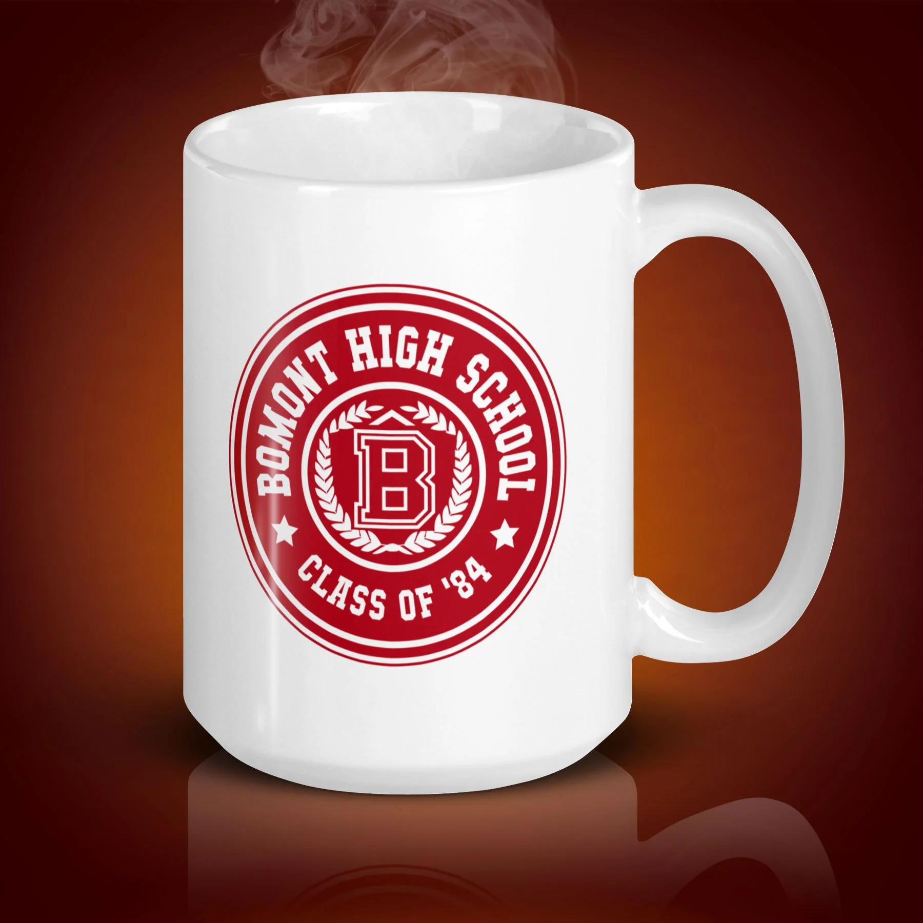 An 15-oz Bomont High School Mug displays the left side. The artwork on our mug is inspired by the movie "Footloose". It is available for $24.49 with free shipping.
