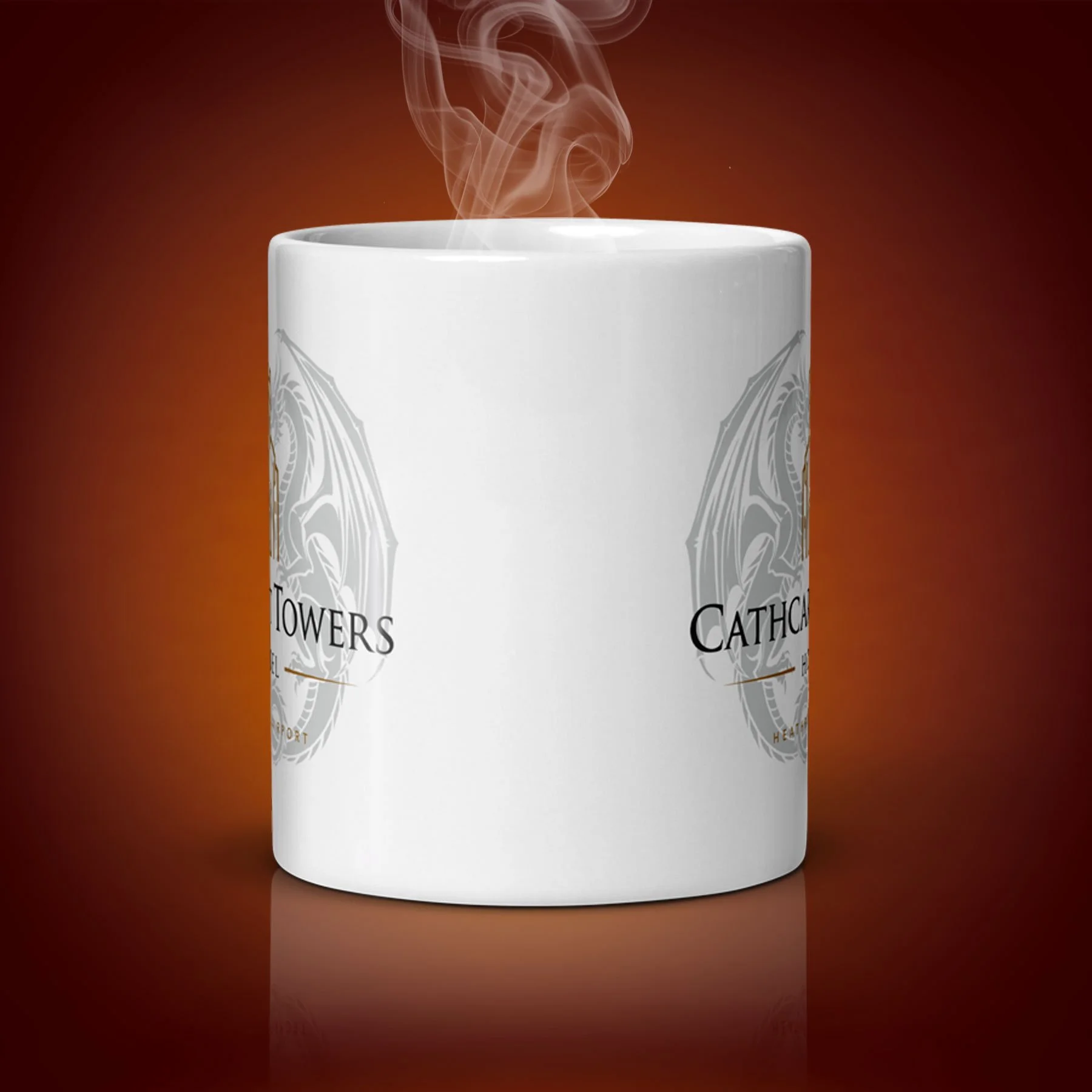 An 11-oz Cathcart Towers Hotel Mug displays the center side. The artwork on our mug is inspired by the movie "A Fish Called Wanda". It is available for $21.99 with free shipping.