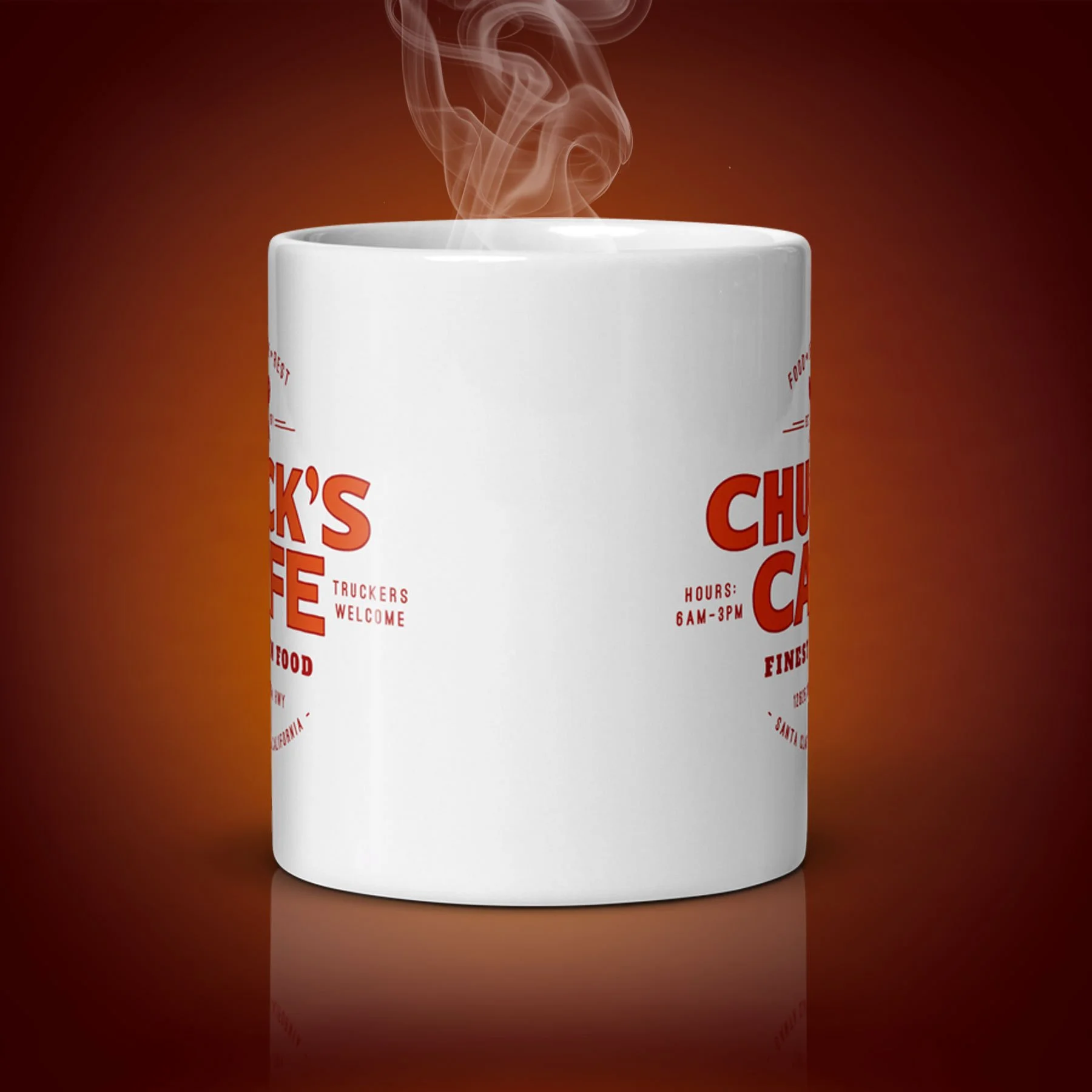 An 11-oz Chuck's Cafe mug displays the center side. The artwork on our mug is inspired by the movie "Duel". It is available for $21.99 with free shipping.