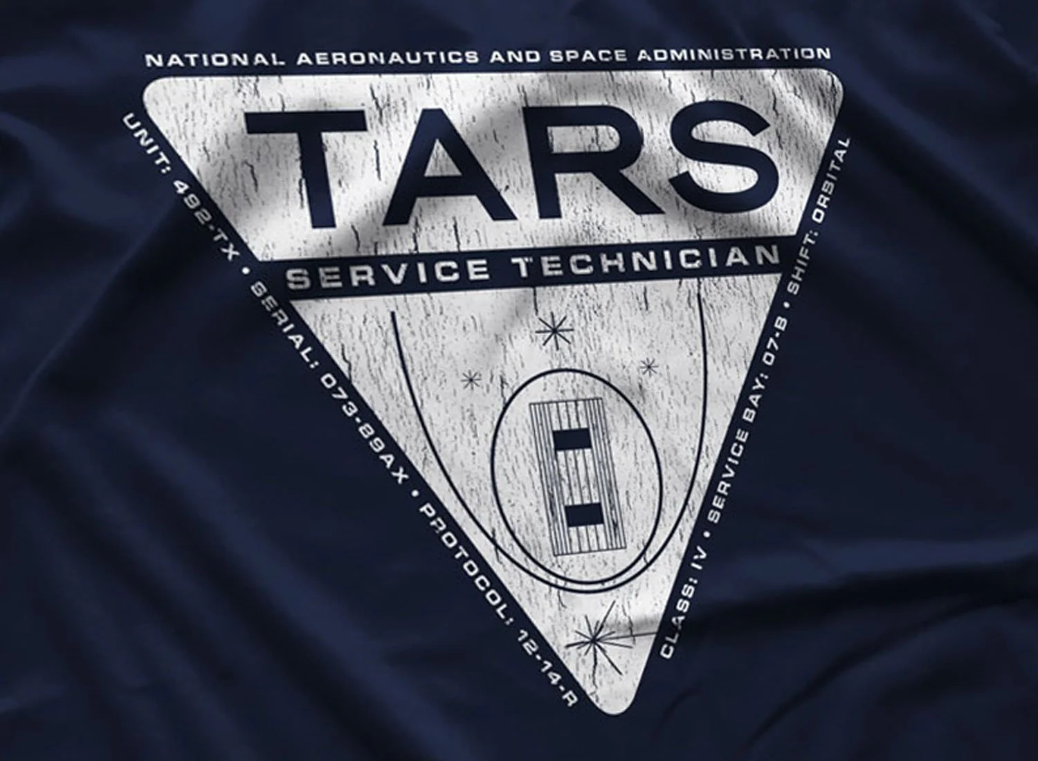Close-up of a TARS Service Technician T-shirt in Navy Blue. Get your "Interstellar"-inspired shirt in sizes S to 5XL, starting at just $21.49 with free shipping.