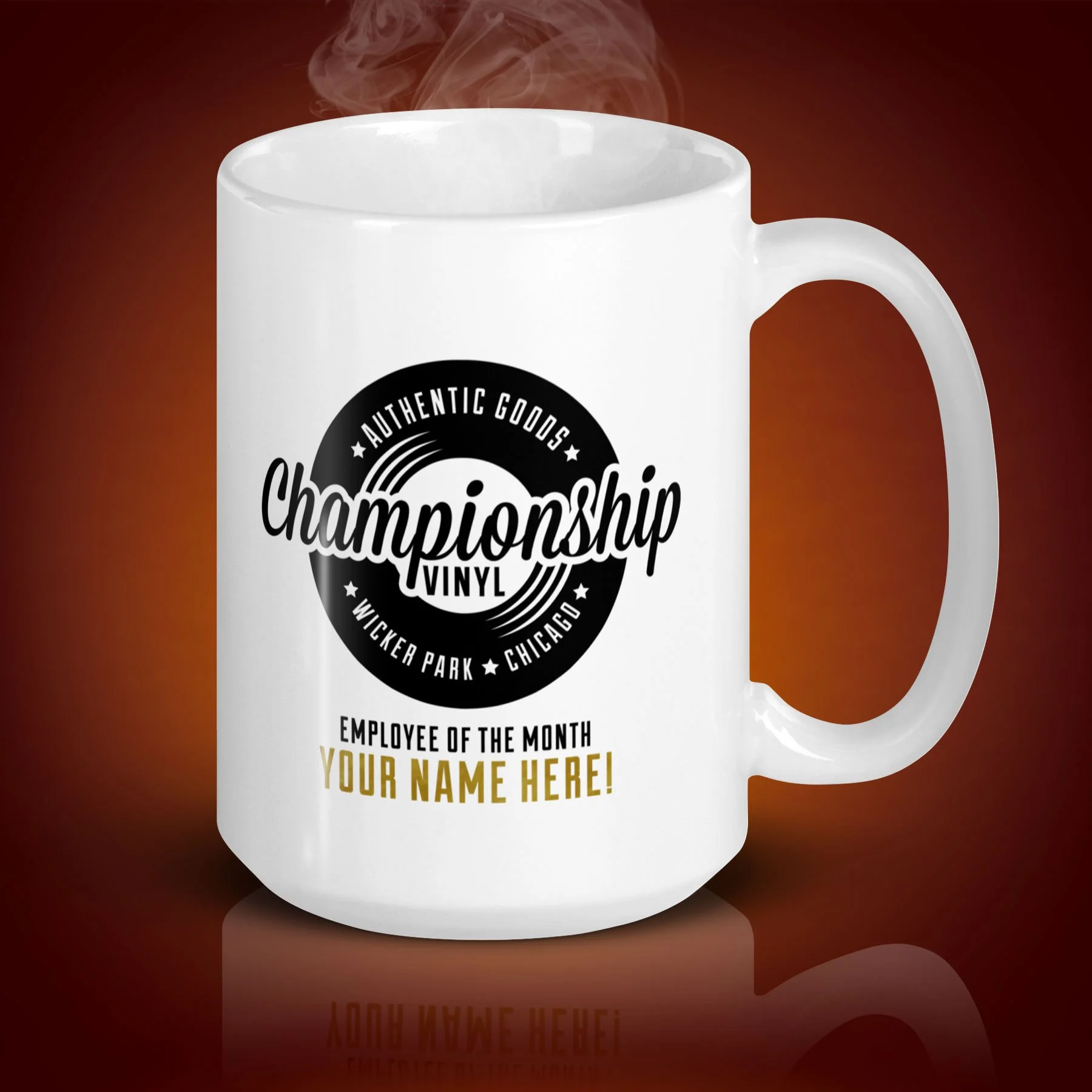 An 15-oz personalized Championship Vinyl mug displays the left side. The artwork on our mug is inspired by the movie "High Fidelity". It is available for $21.99 with free shipping.