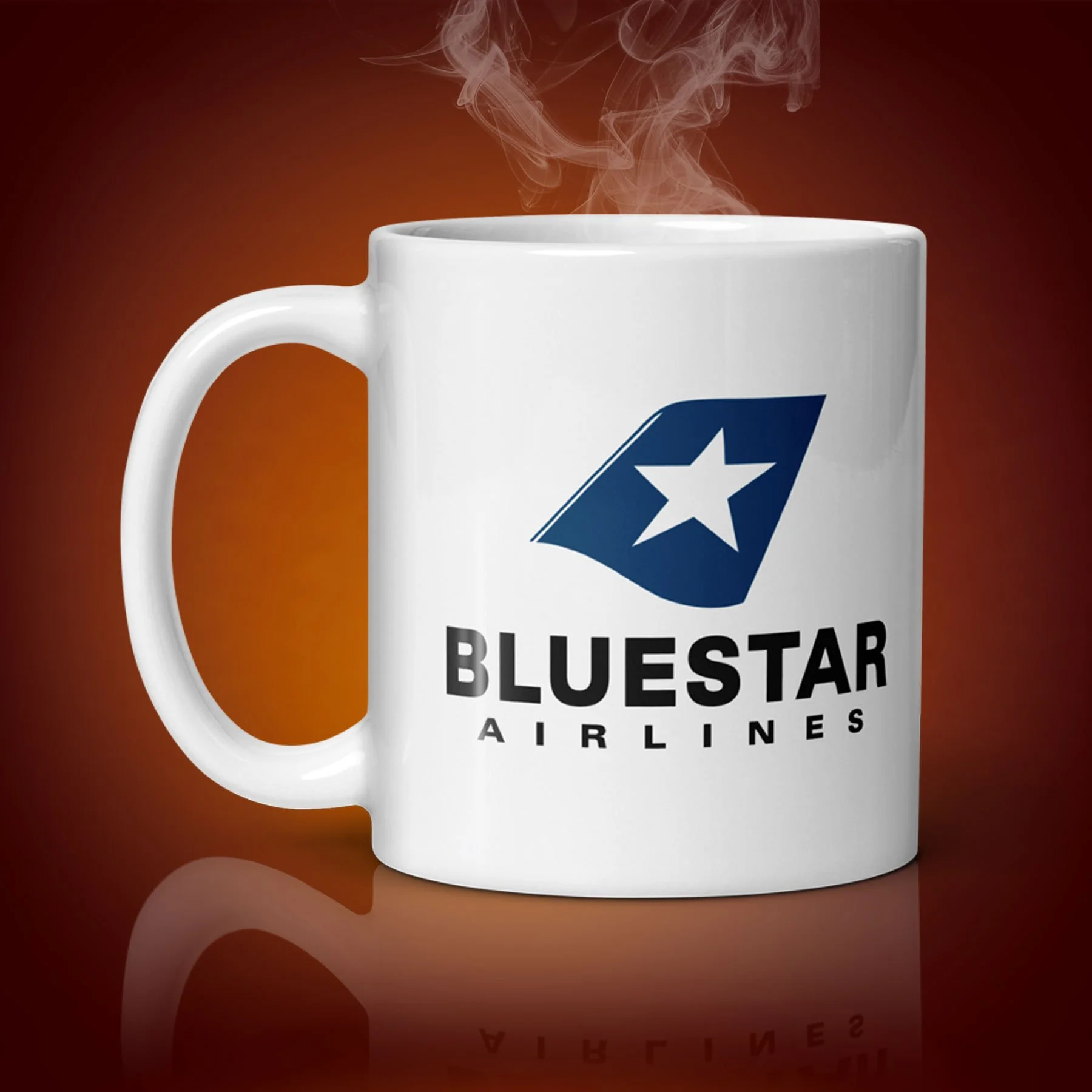 An 11-oz BlueStar Airlines mug displays the right side. The artwork on our mug is inspired by the movie "Wall Street". It is available for $21.99 with free shipping.