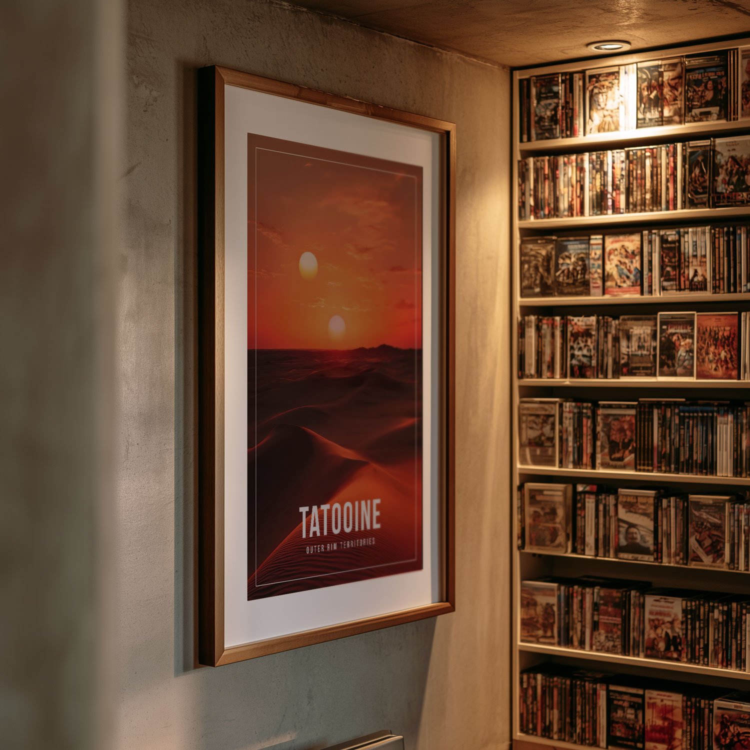 An A1 frame holding a 20x30-inch poster of Tatooine hangs on a white wall. The artwork on our poster is inspired by the movie "Star Wars – A New Hope". It costs from $24.99, and shipping is included.