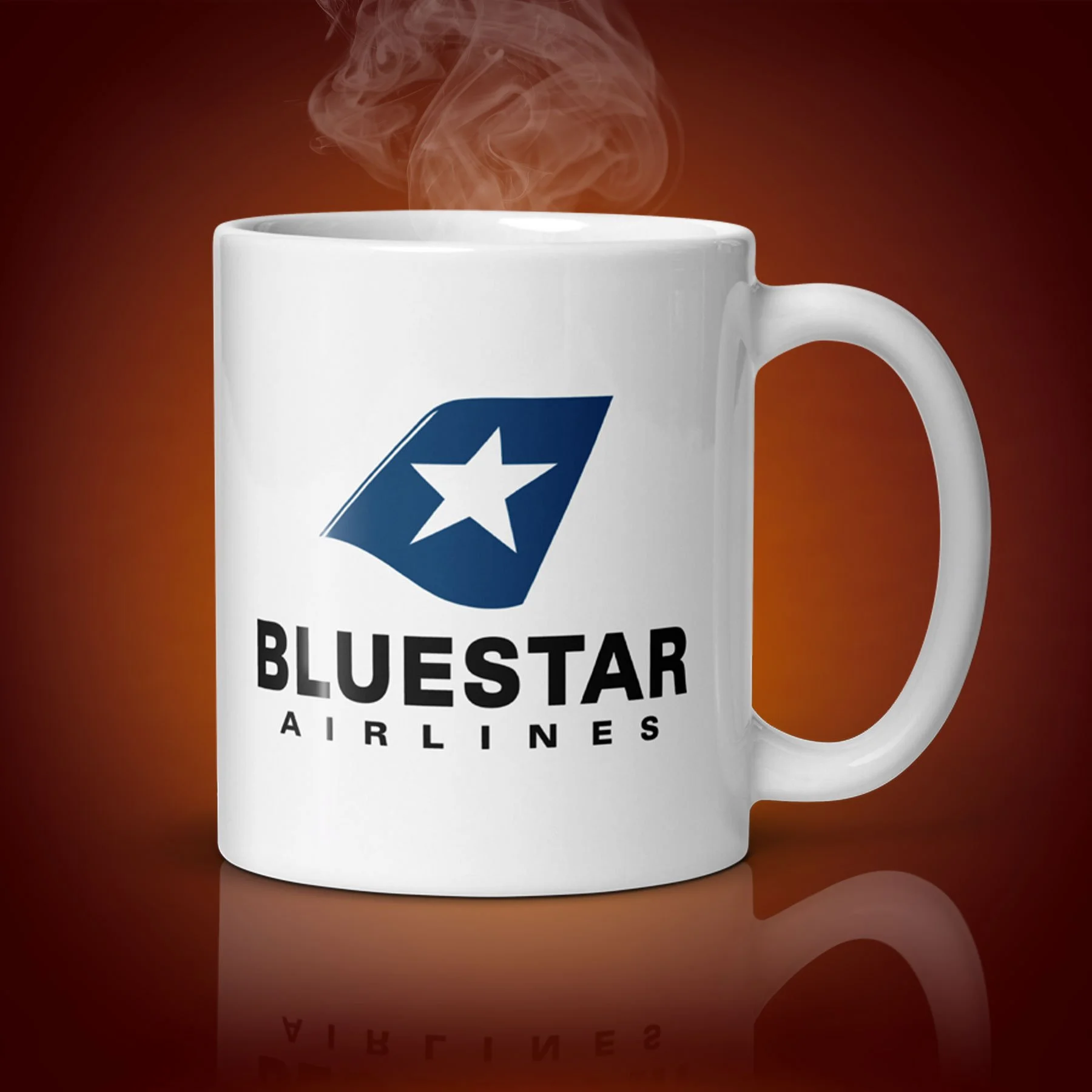 An 11-oz BlueStar Airlines mug displays the left side. The artwork on our mug is inspired by the movie "Wall Street". It is available for $21.99 with free shipping.