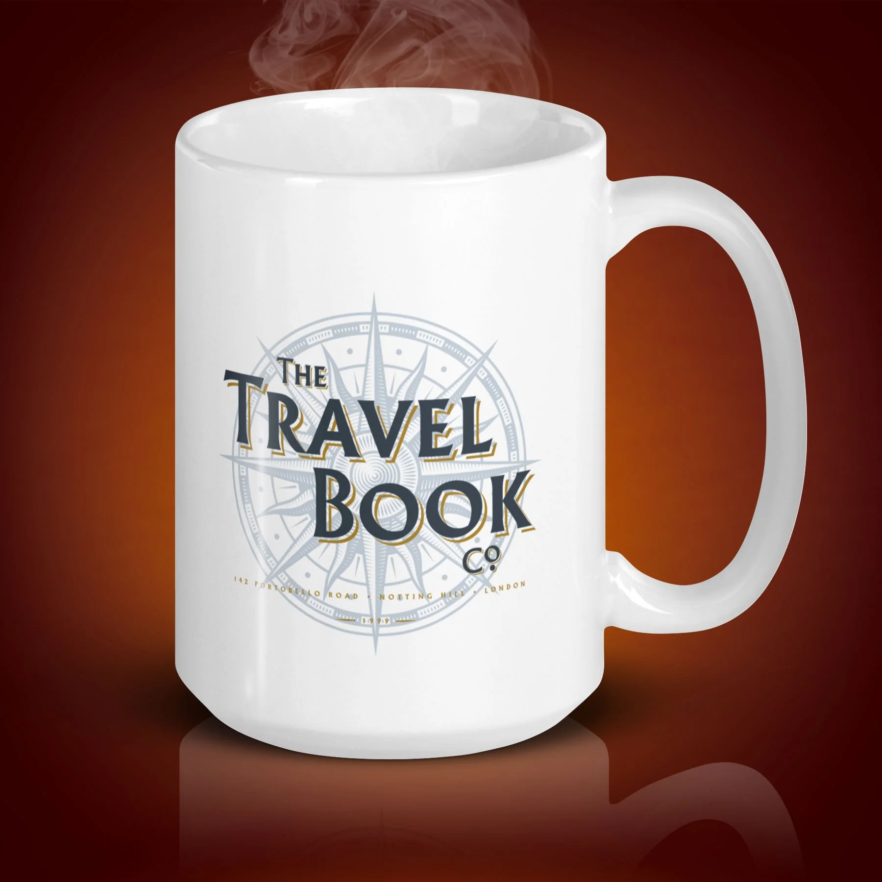 An 15-oz The Travel Book Co mug displays the left side. The artwork on our mug is inspired by the movie "Notting Hill". It is available for $21.99 with free shipping.