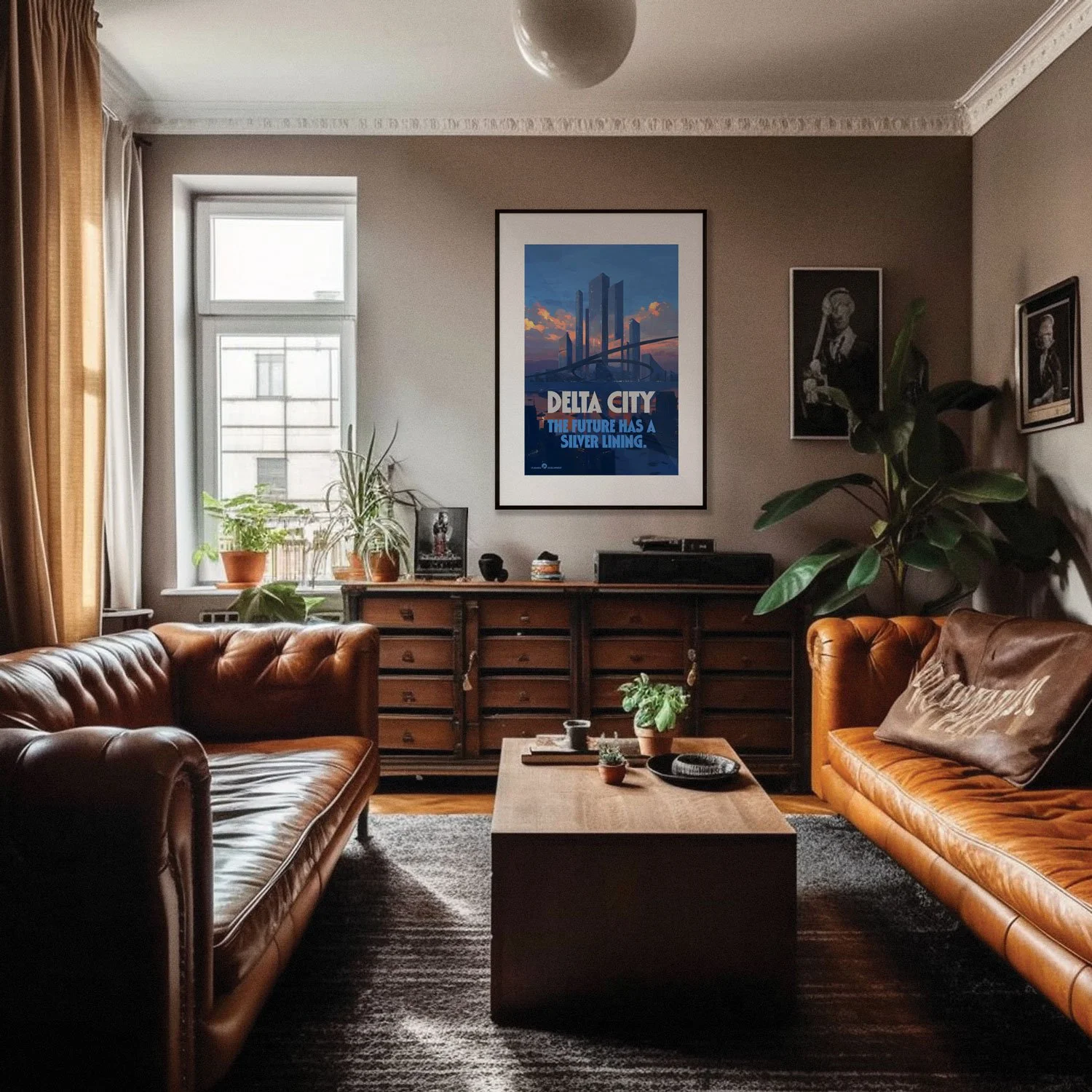 Photo of a cozy living room with an A0 frame holding a 24x36 inches Delta City poster hanging on a wall above a couch.
