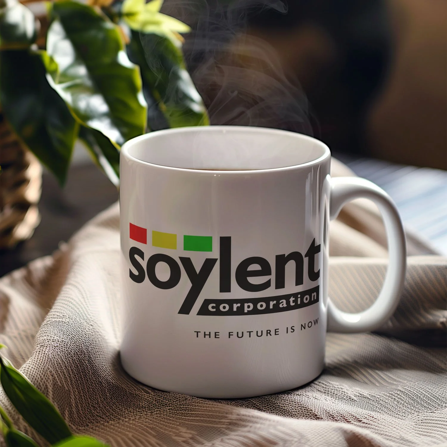 A Soylent Corporation Mug is displayed on a table, filled with coffee.