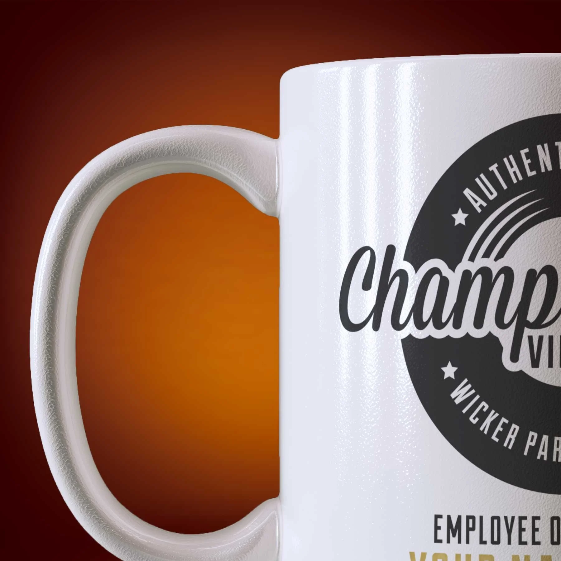 Close-up of an 11-oz personalized Championship Vinyl mug.