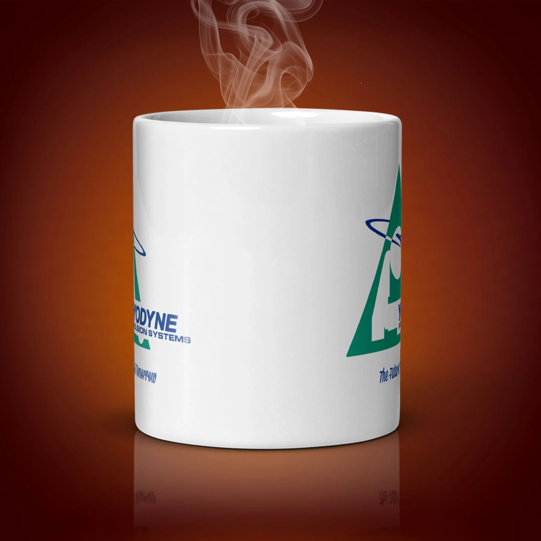 a 11 oz Yoyodyne Mug showing the center side. The movie The Adventures of Buckaroo Banzai inspired the mug. $21.99 with shipping included.