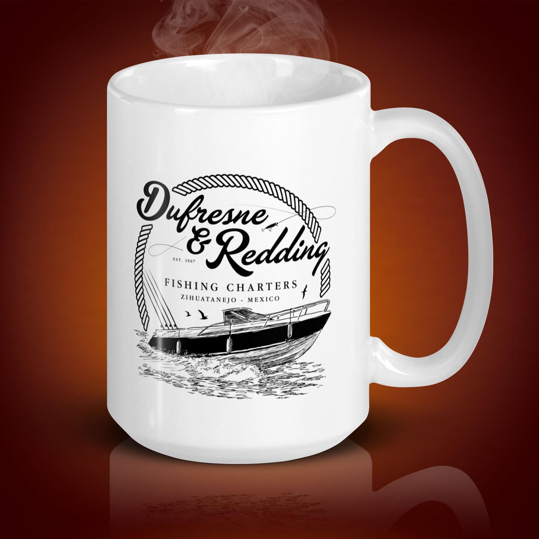 An 15-oz Dufresne & Redding mug displays the left side. The artwork on our mug is inspired by the movie "The Shawshank Redemption". It is available for $24.49 with free shipping.