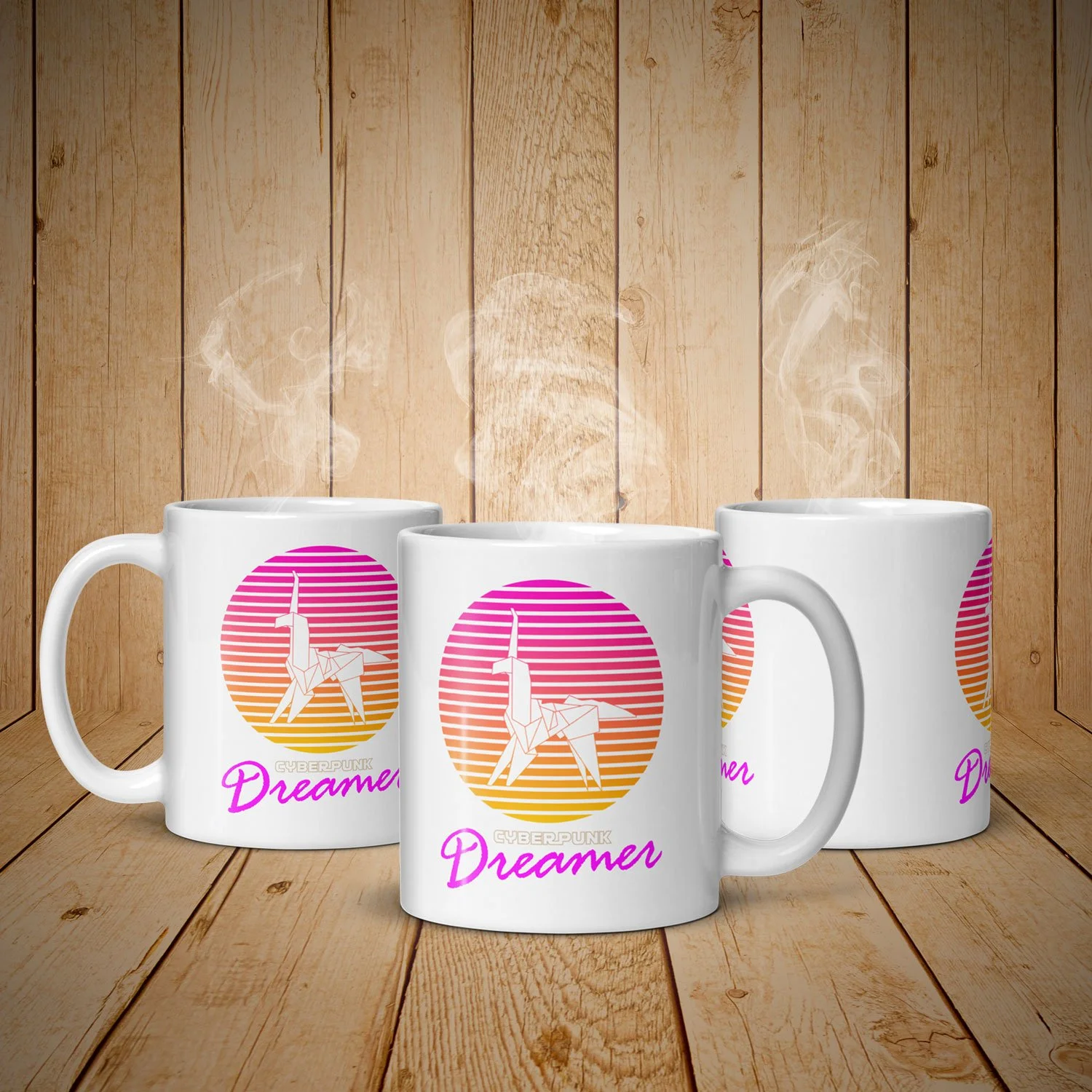 Three Cyberpunk Dreamer Mugs showing the right, left, and center sides. The movie Blade Runner inspired the mug. $21.99 with shipping included.