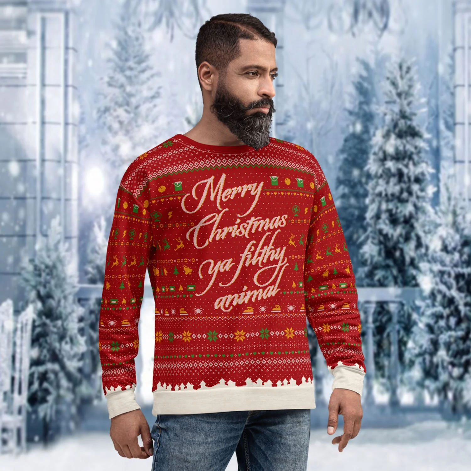 A male model is shown from the front wearing a Merry Christmas Ya Filthy Animal Ugly Sweater sweatshirt, set against a snow-covered backdrop.
