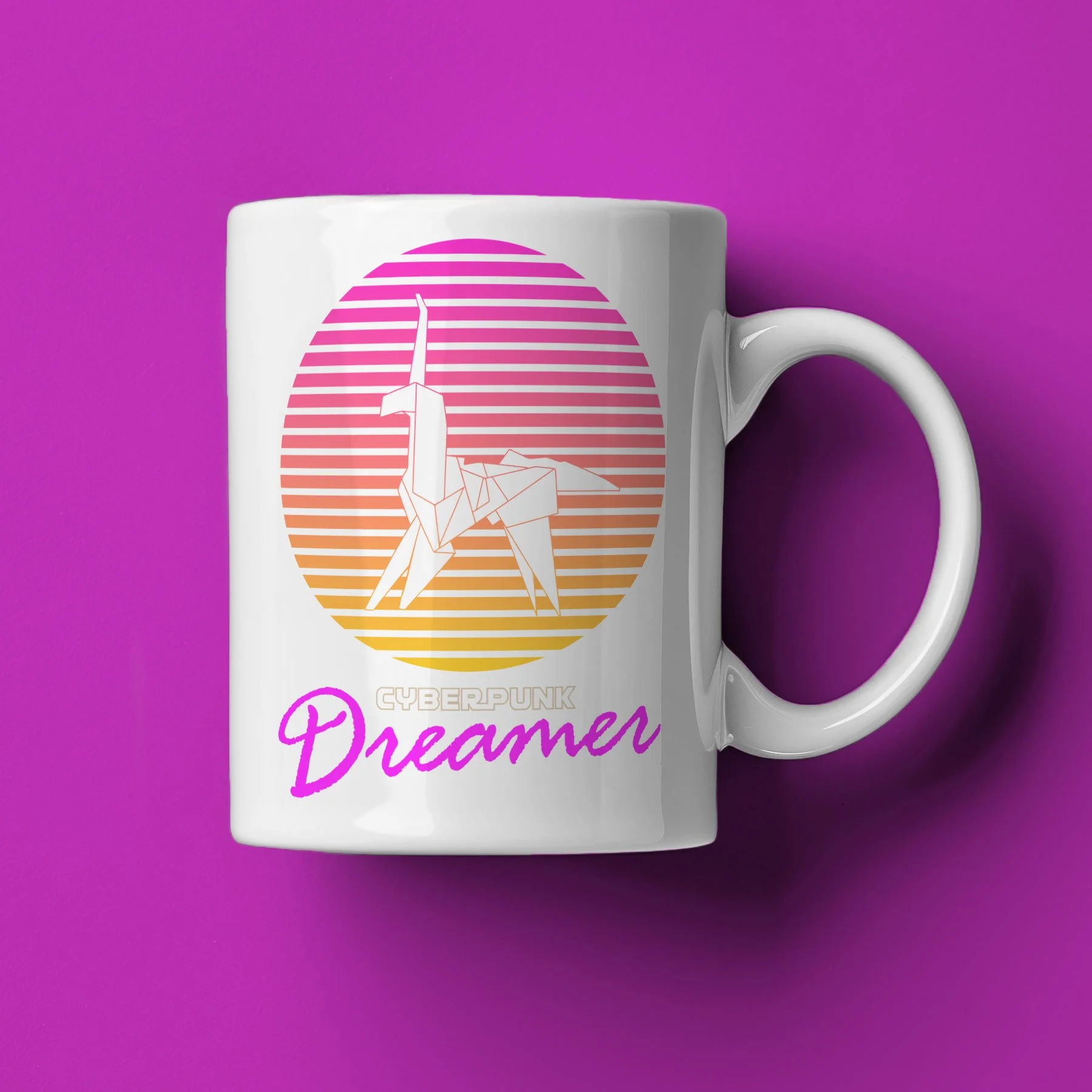 A Cyberpunk Dreamer Mug is shown here lying on a pink background. The movie Blade Runner inspired the mug. $21.99 with shipping included.