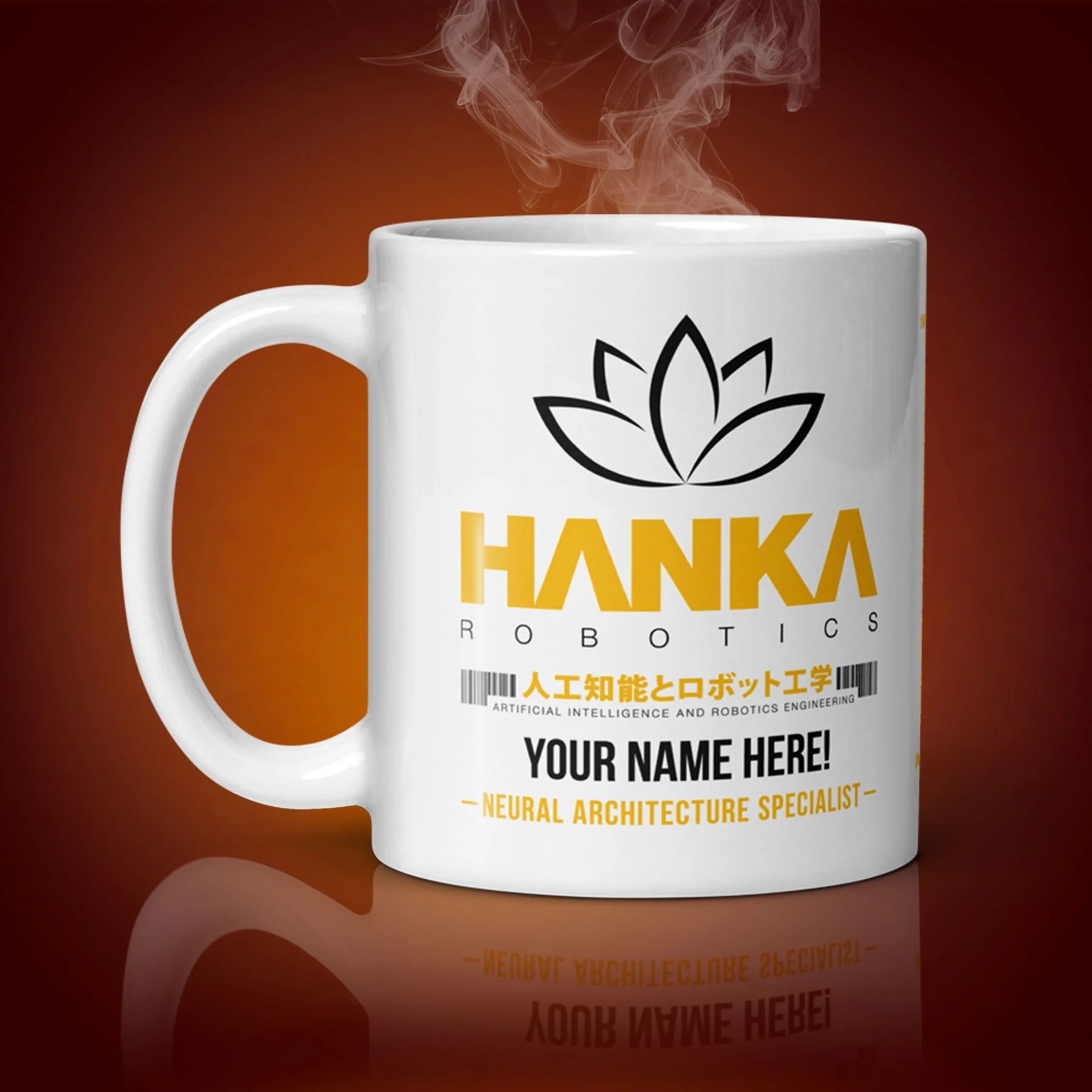An 11-oz personalized Hanka Robotics mug displays the right side. The artwork on our mug is inspired by the movie "Ghost in the Shell". It is available for $24.99 with free shipping.