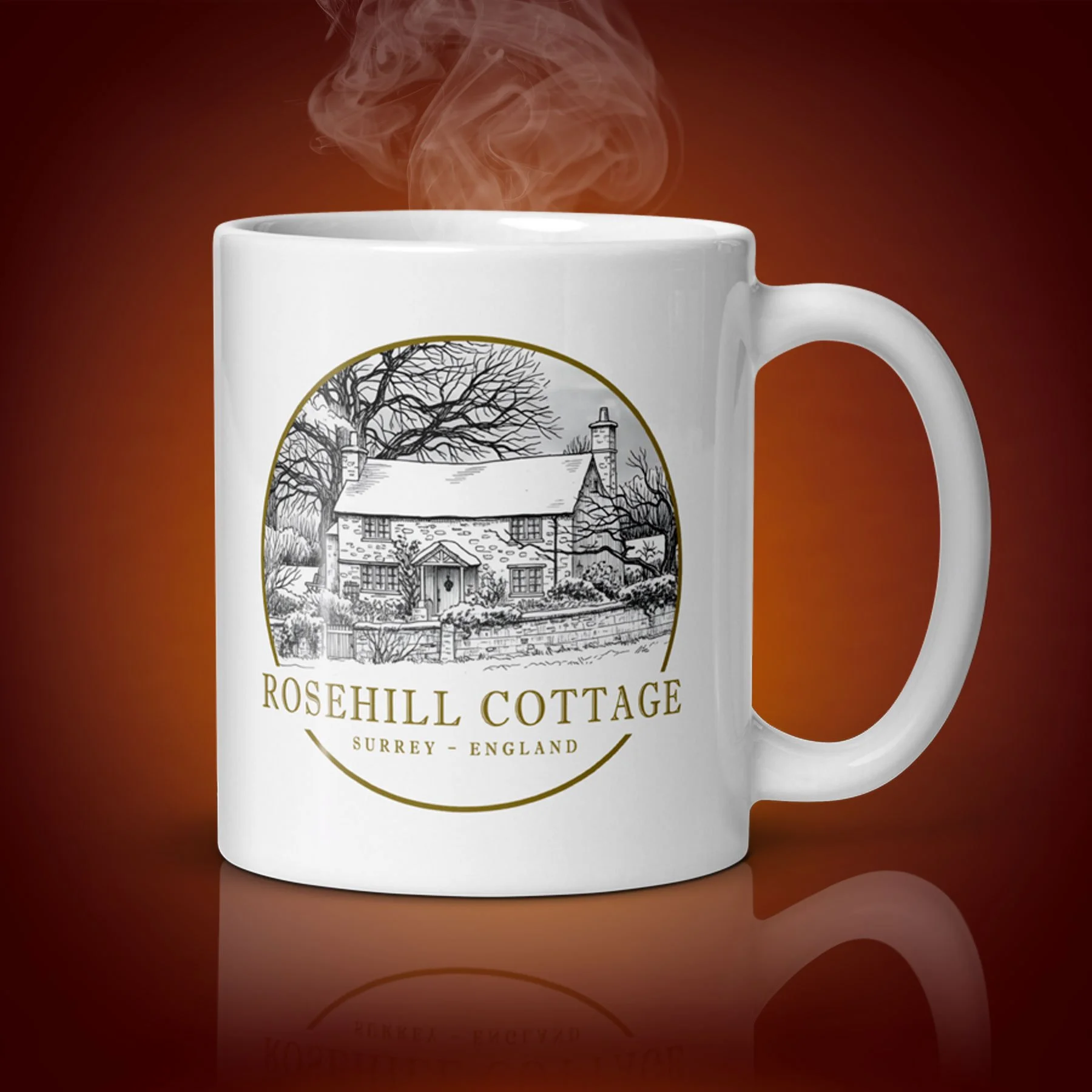 a 11 oz Rosehill Cottage mug showing the right side. The movie “The Holiday” inspired the mug. $21.99 with shipping included.