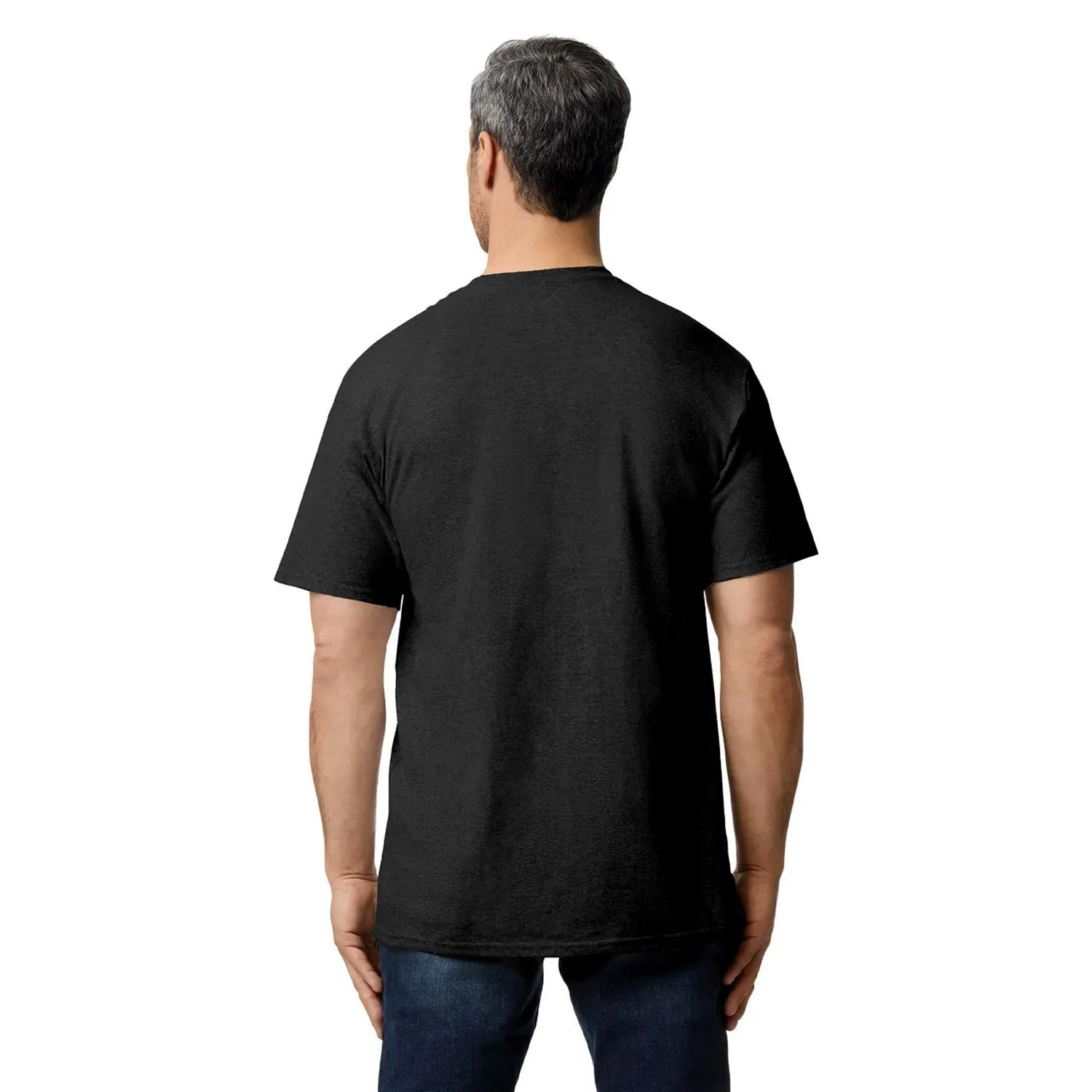 Image of a man, back view, wearing a black Gildan 2000 Tall shirt.
