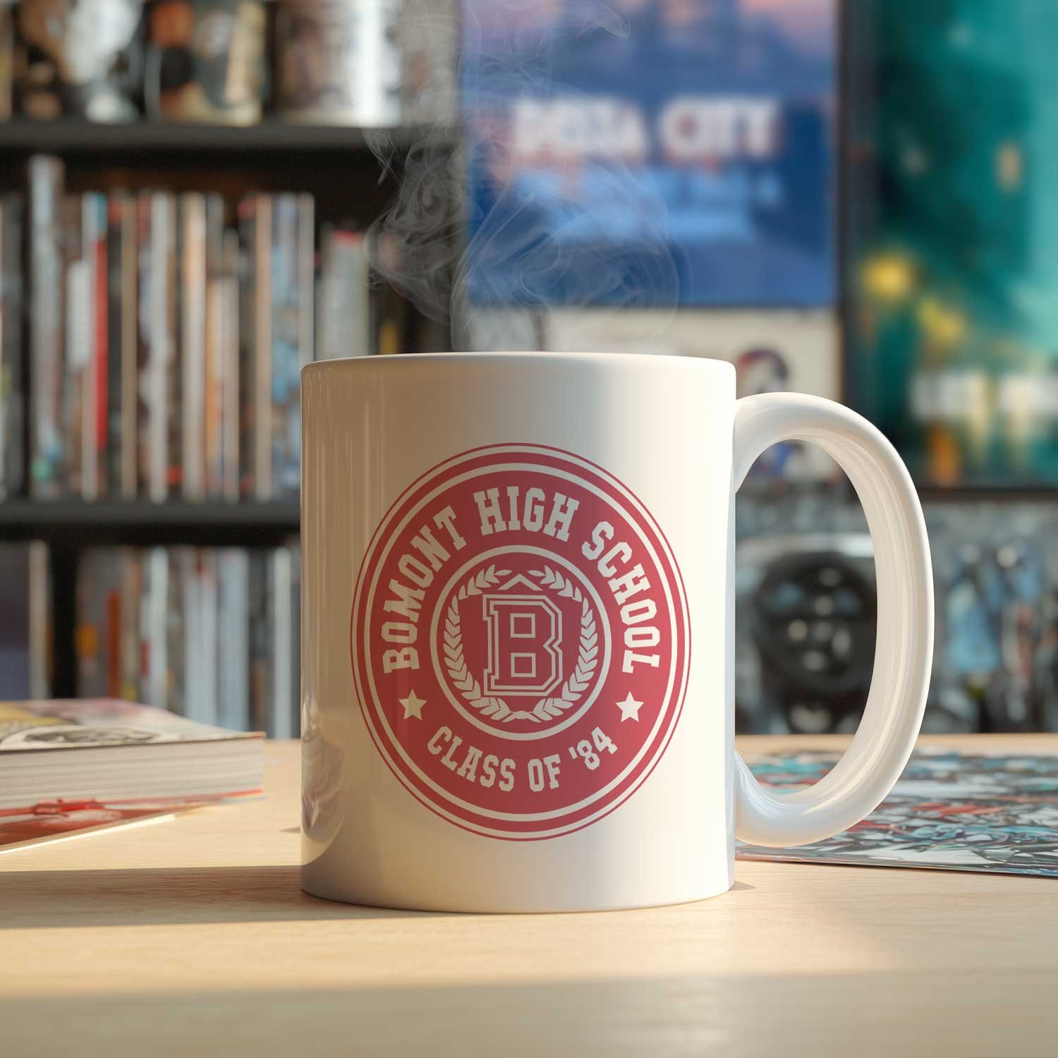 A Bomont High School Mug is displayed on a table, filled with coffee.