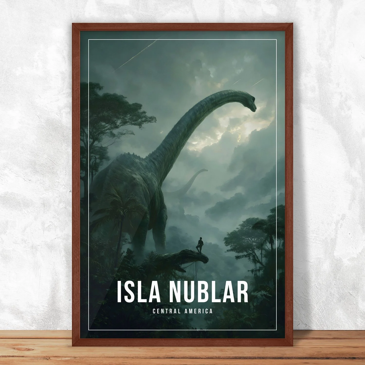 A Isla Nublar poster is hanging on a wall in a frame. Jurassic Park inspired the poster. From $6.99 - shipping included.