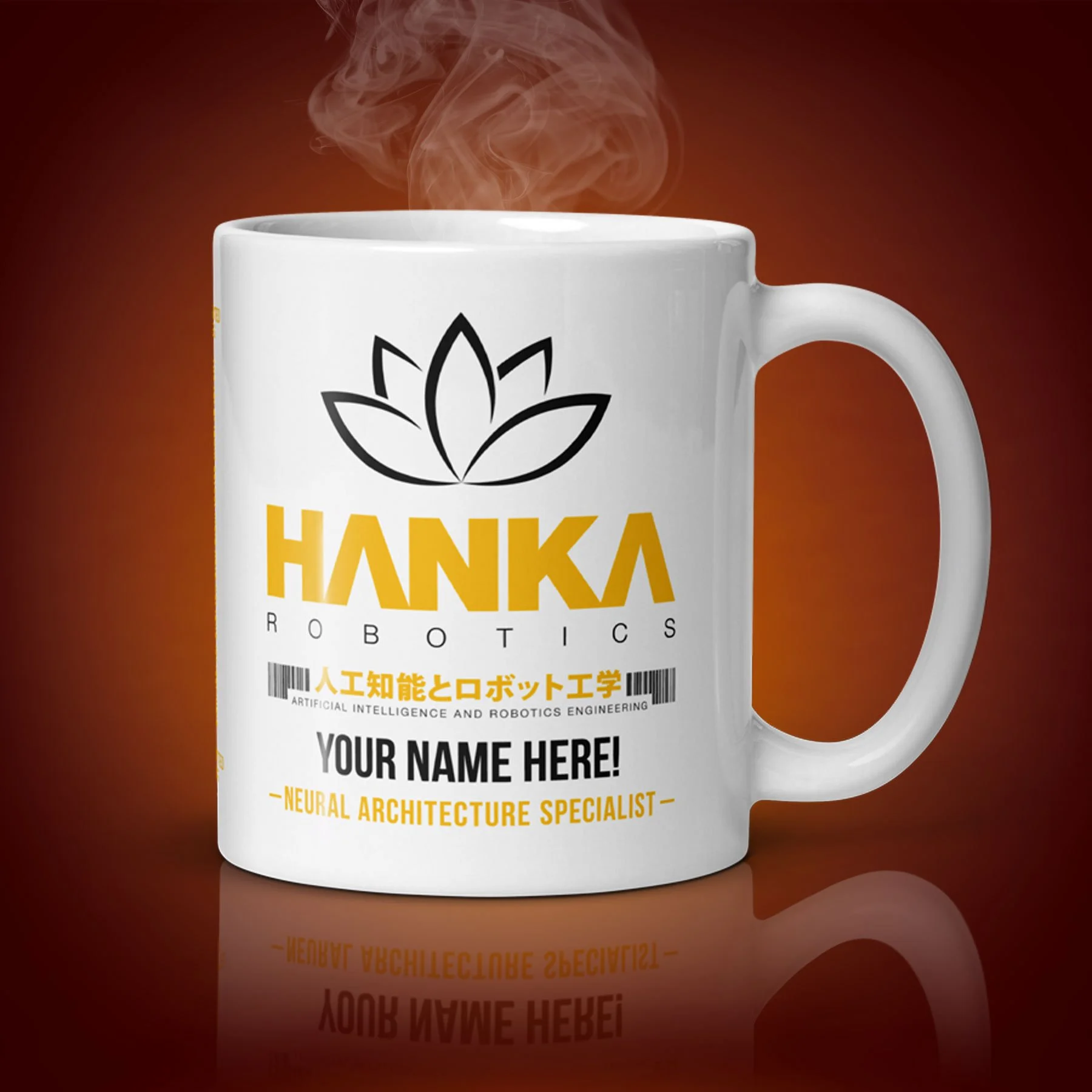 An 11-oz personalized Hanka Robotics mug displays the left side. The artwork on our mug is inspired by the movie "Ghost in the Shell". It is available for $24.99 with free shipping.