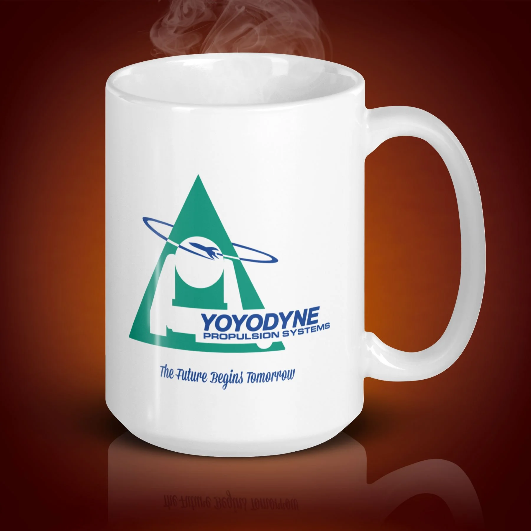 a 15 oz Yoyodyne Mug showing the right side. The movie The Adventures of Buckaroo Banzai inspired the mug. $21.99 with shipping included.