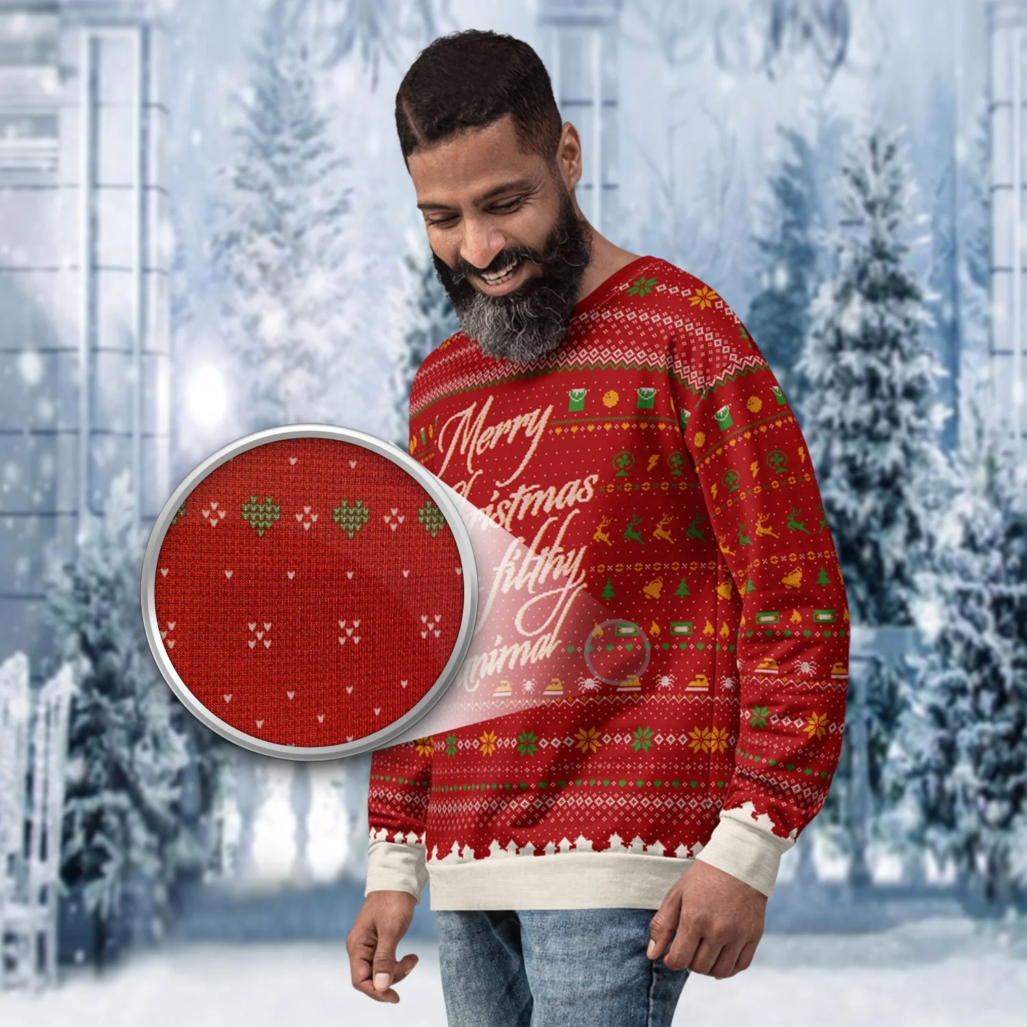 A male model is shown from the front wearing a Merry Christmas Ya Filthy Animal Ugly Sweater sweatshirt, with a close-up of the fabric shown above the image.