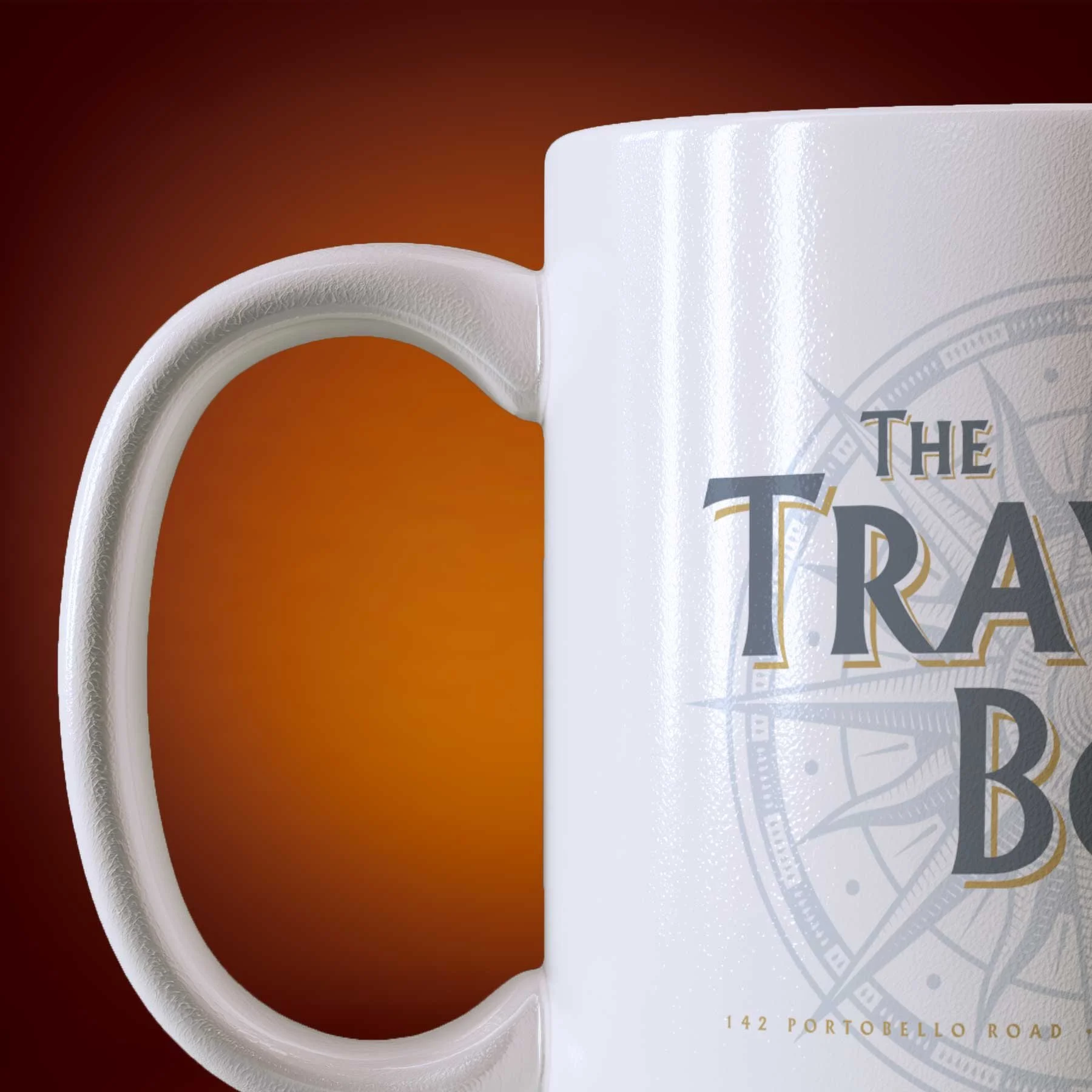 Close-up of an 11-oz The Travel Book Co mug.