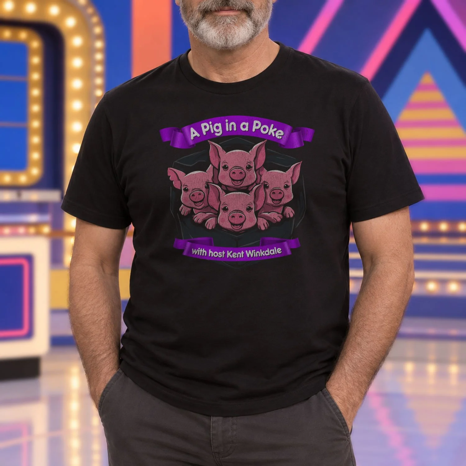Image of a man wearing an "A Pig in a Poke" T-shirt in a classic game-show setting.