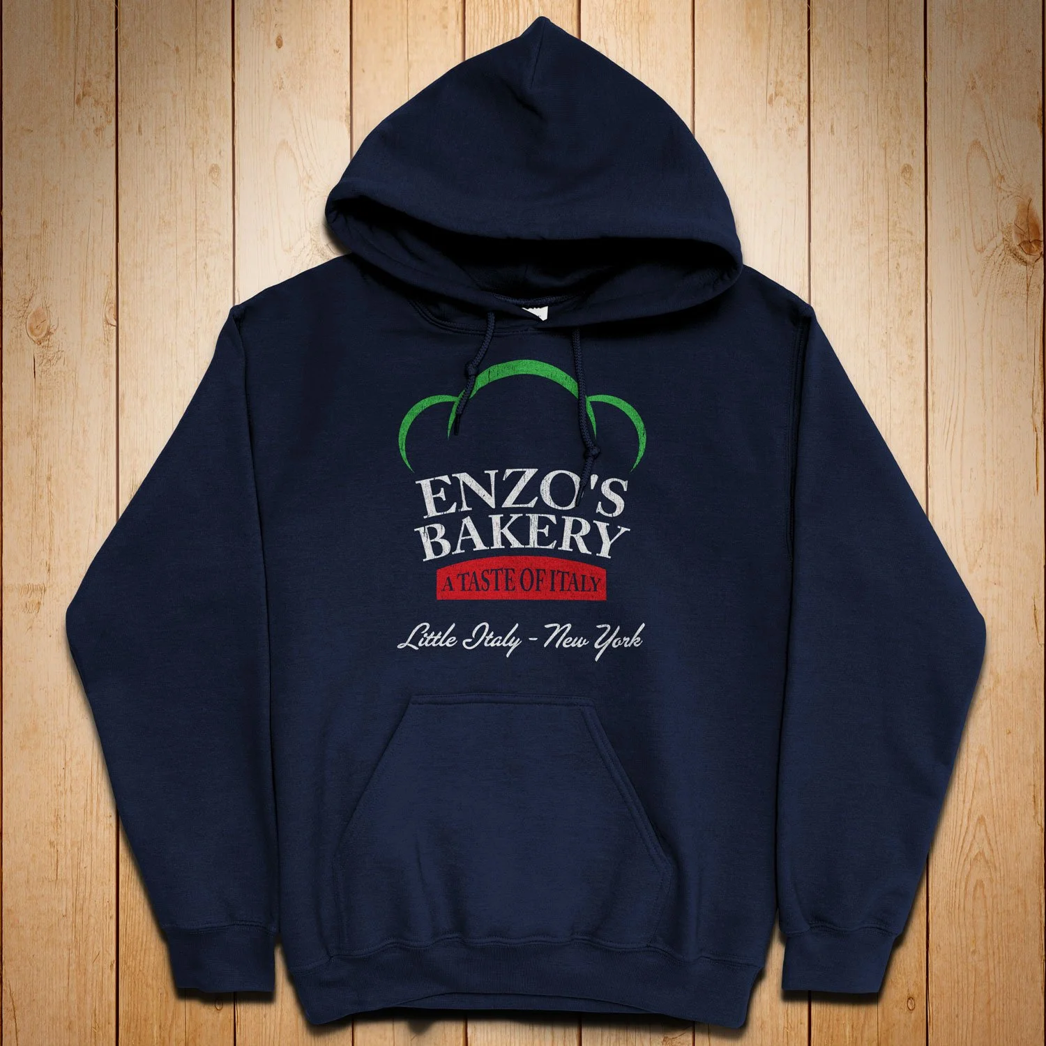Photo of our Enzo's Bakery Hoodie in Navy Blue. This hooded top is inspired by the movie "The Godfather" Available in sizes S-3XL for $34.99 with free shipping.