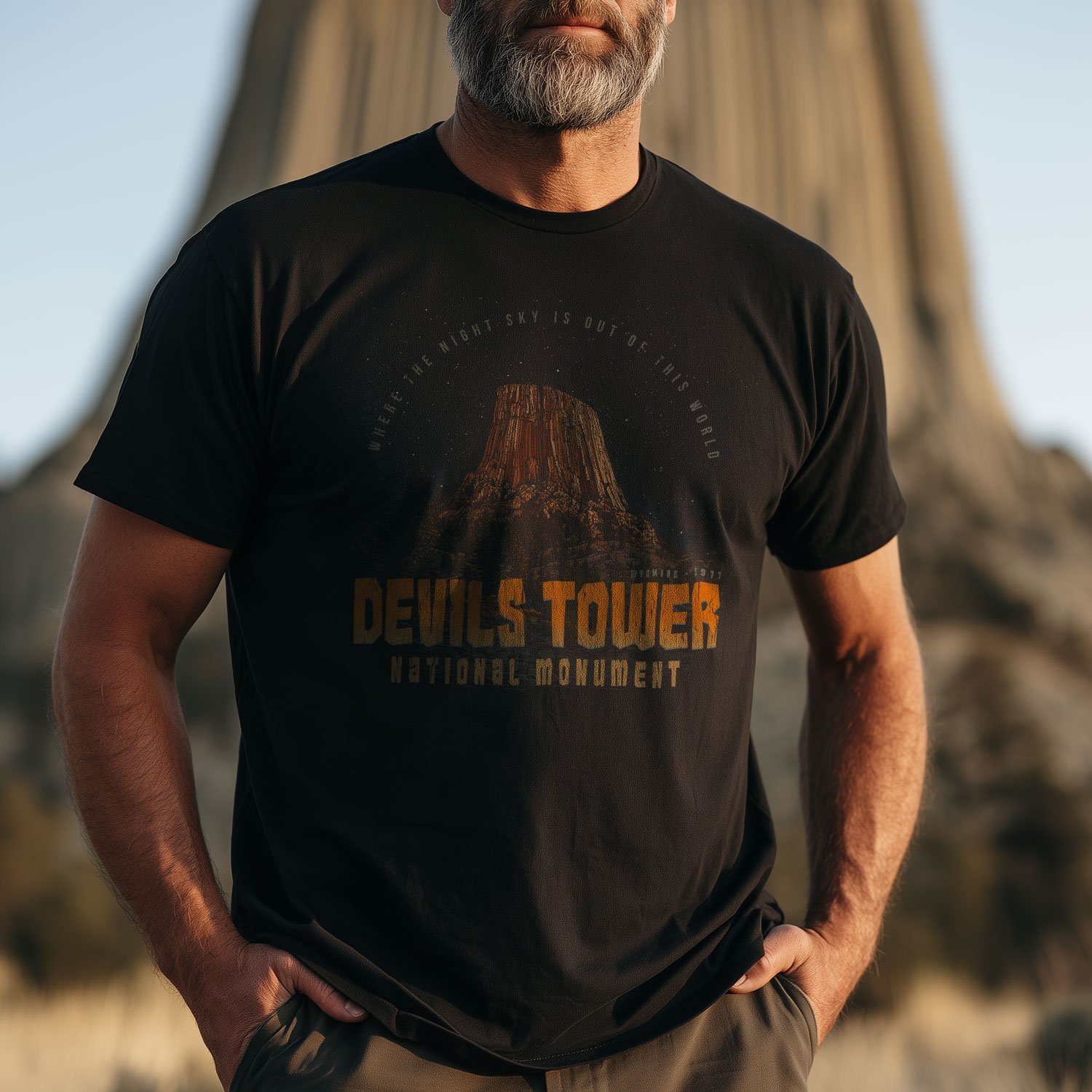 Image of a man wearing a Devils Tower T-shirt in front of the Devils Tower National Monument.