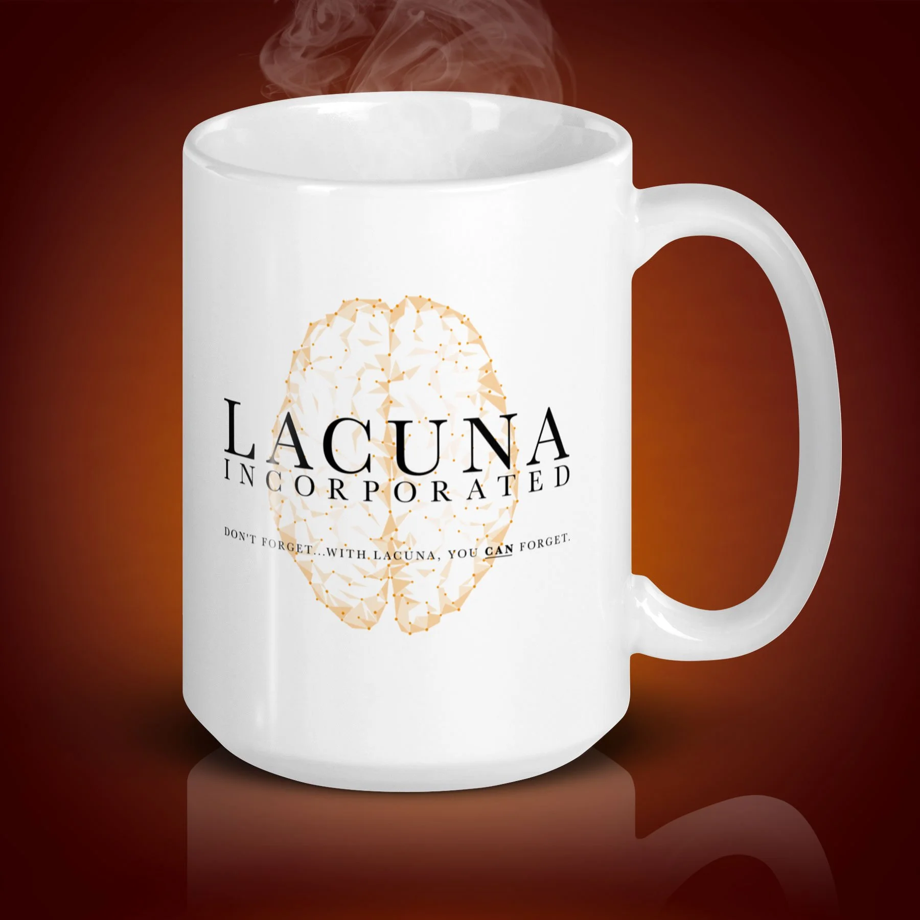 An 15-oz Lacuna Incorporated mug displays the left side. The artwork on our mug is inspired by the movie "Eternal Sunshine of the Spotless Mind". It is available for $24.49 with free shipping.