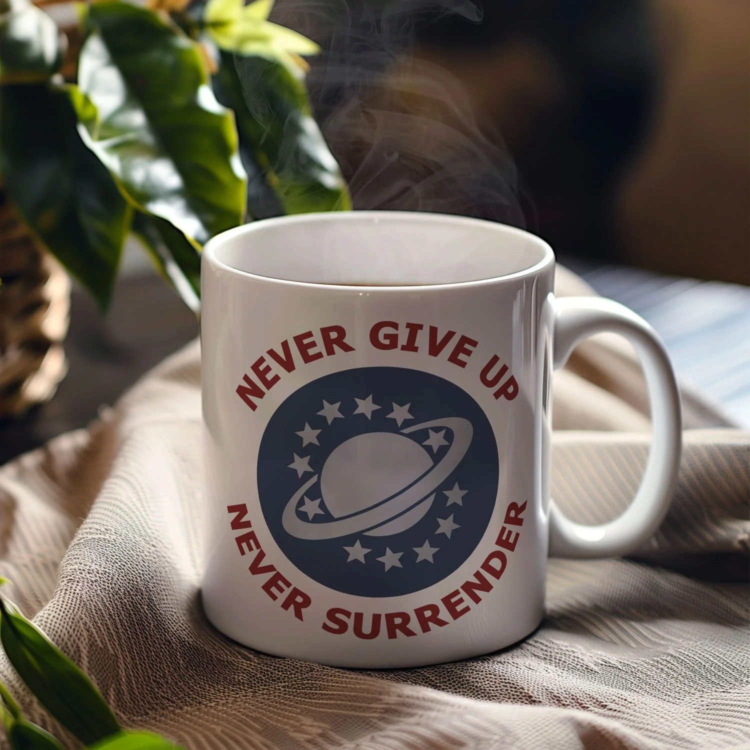 A National Space Exploration Administration Mug is displayed on a table, filled with coffee.