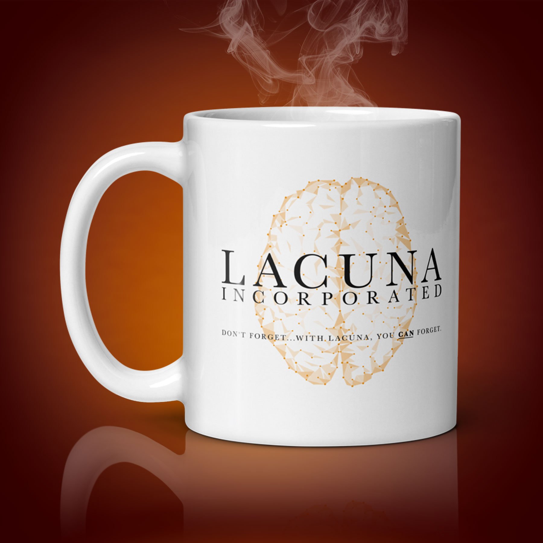 An 11-oz Lacuna Incorporated mug displays the right side. The artwork on our mug is inspired by the movie "Eternal Sunshine of the Spotless Mind". It is available for $21.99 with free shipping.