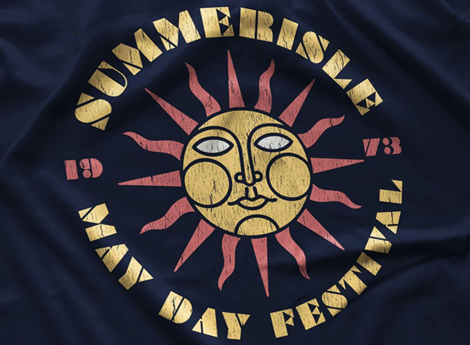 Close-up of a 1973 Summerisle May Day Festival T-Shirt in Navy Blue.