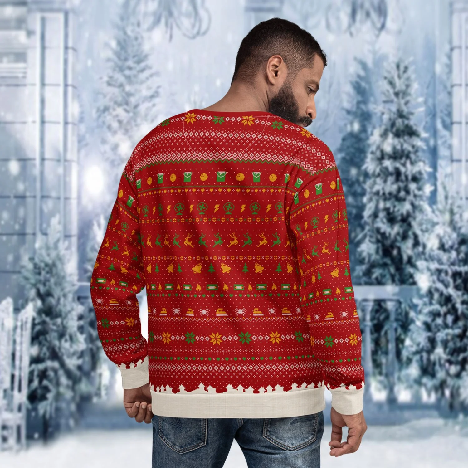A male model is shown from the back wearing a Merry Christmas Ya Filthy Animal Ugly Sweater sweatshirt, set against a snow-covered backdrop.