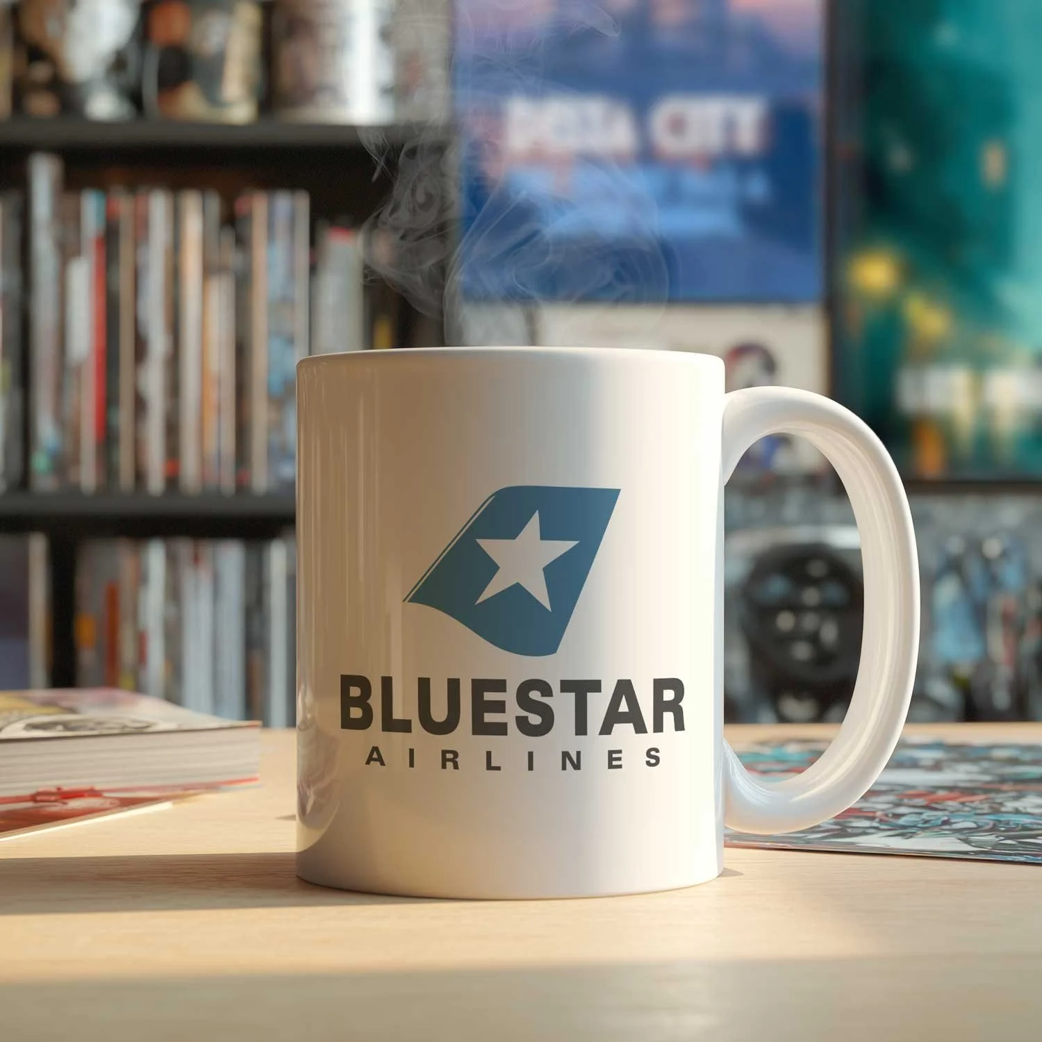 A BlueStar Airlines mug is displayed on a table, filled with coffee.