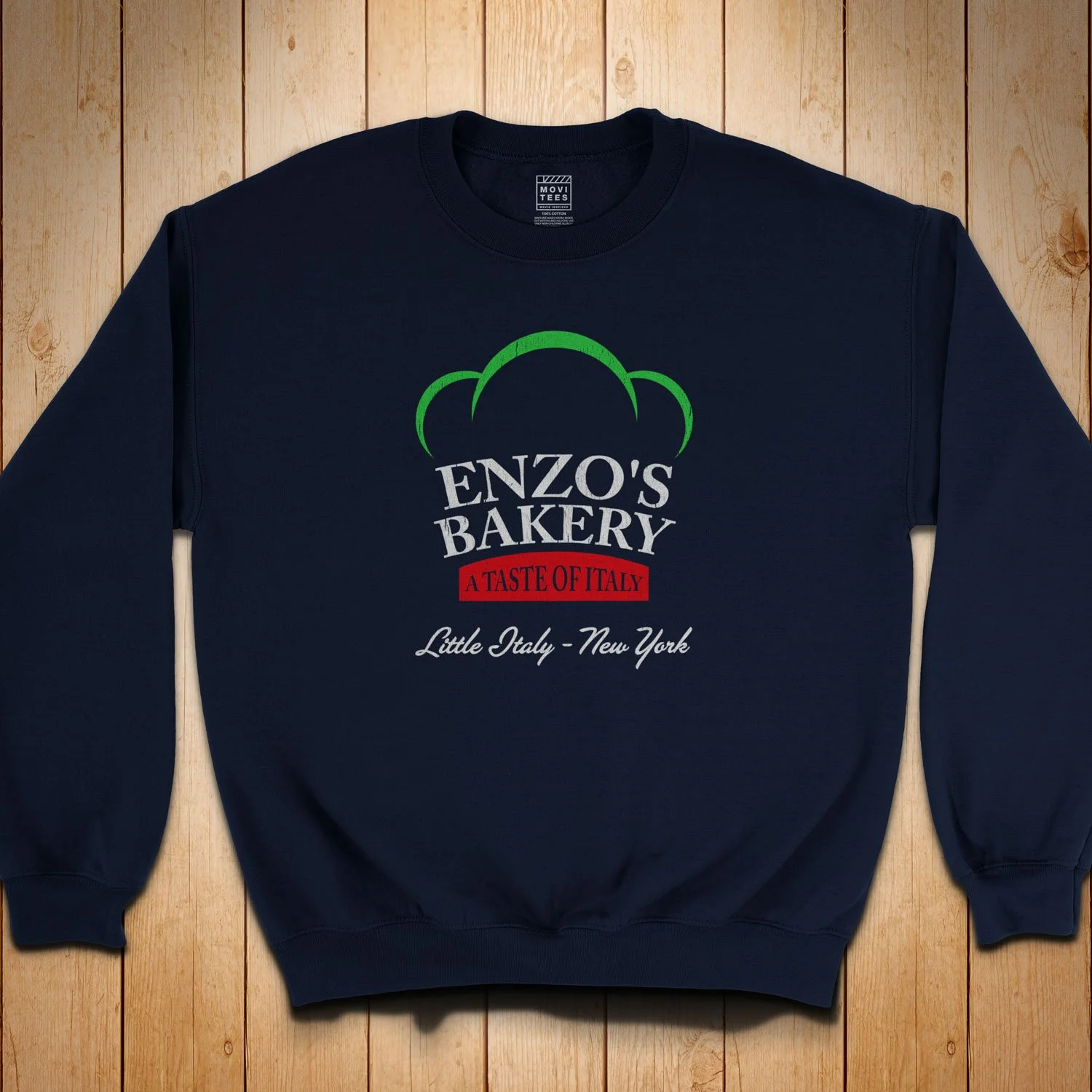 Image of our Enzo’s Bakery Sweatshirt in color Navy Blue, The Godfather movie Inspired sweater in sizes Small to 3XL from $34.99 with free shipping.